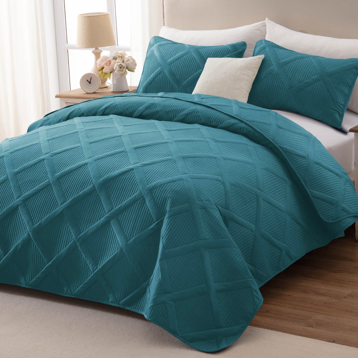 Exclusivo Mezcla Ultrasonic Twin/ Twin XL Quilt Set, Lightweight Bedspreads Modern Striped Coverlet with 1 Pillow Sham, Teal
