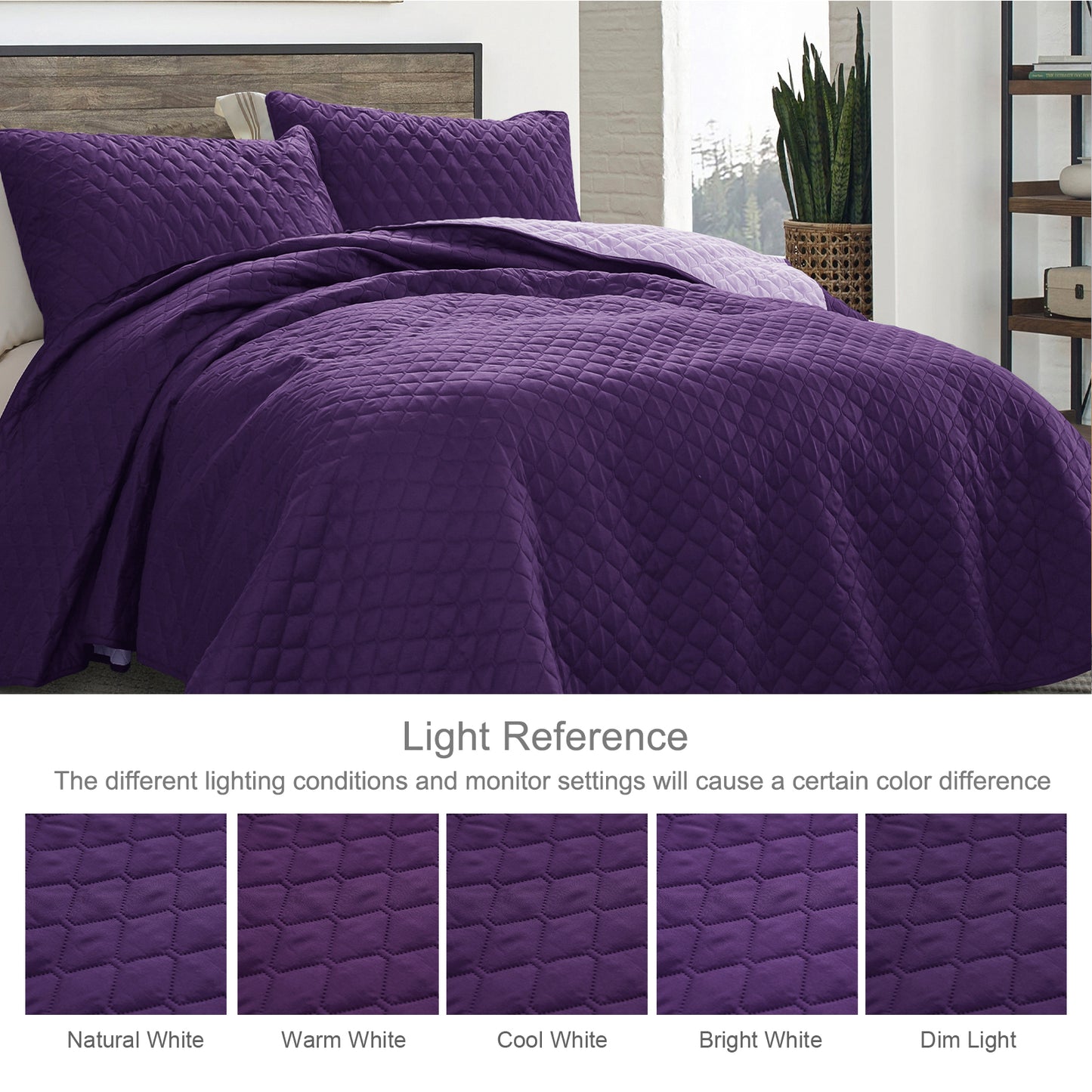Exclusivo Mezcla Ultrasonic Reversible Twin Quilt Bedding Set with Pillow Sham, Lightweight Quilts Twin Size, Soft Bedspreads Bed Coverlets for All Seasons - (Deep Purple, 68"x88")