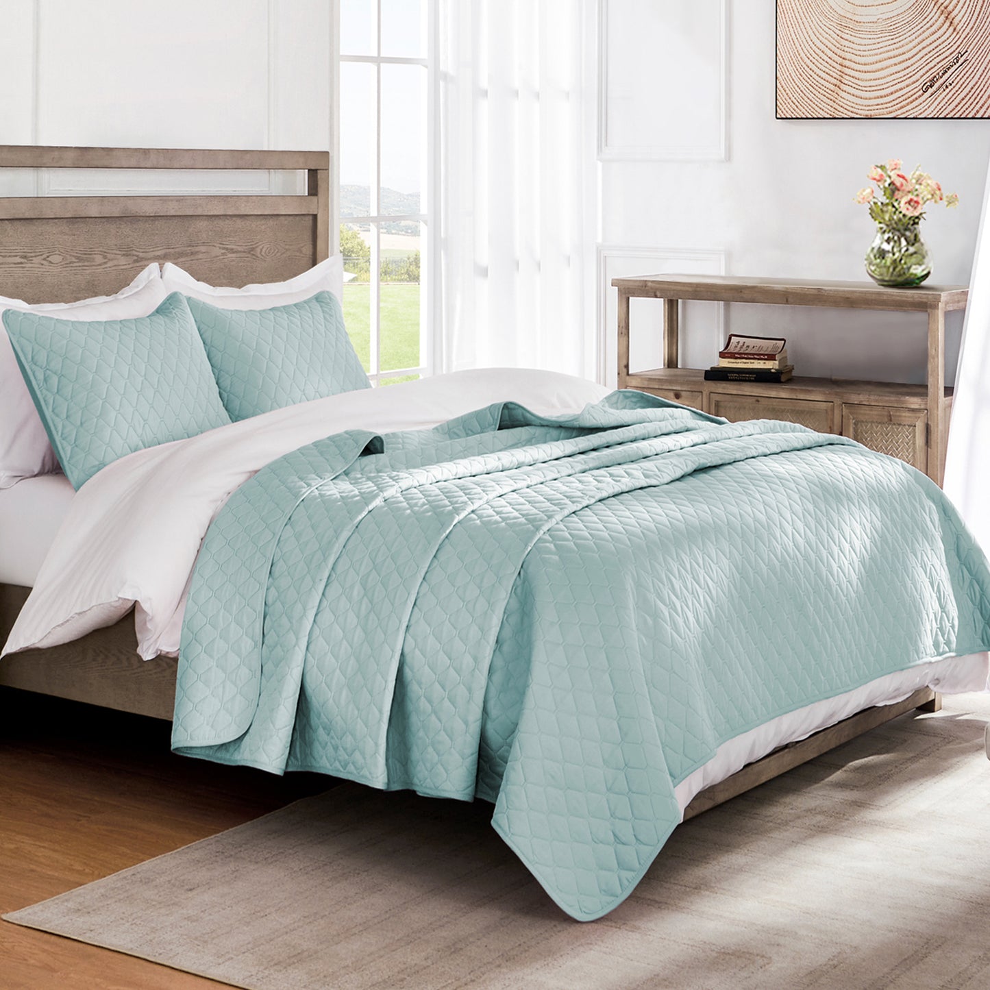 Exclusivo Mezcla Ultrasonic Reversible King Size Quilt Bedding Set with Pillow Shams, Lightweight Quilts King Size, Soft Bedspreads Bed Coverlets for All Seasons - (Aqua Blue, 104"x96")