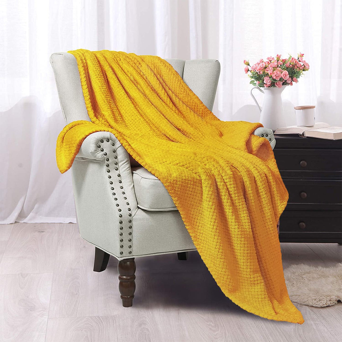 Exclusivo Mezcla Waffle Textured Extra Large Fleece Blanket, Super Soft and Warm Throw Blanket for Couch, Sofa and Bed (Mustard Yellow, 50x70 inches)-Cozy, Fuzzy and Lightweight