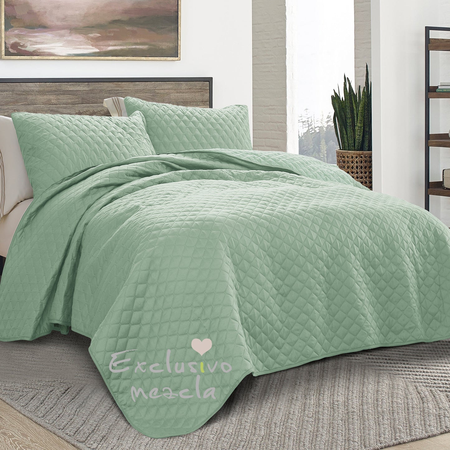 Exclusivo Mezcla Ultrasonic Reversible Twin Quilt Bedding Set with Pillow Sham, Lightweight Quilts Twin Size, Soft Bedspreads Bed Coverlets for All Seasons - (Mint Green, 68"x88")