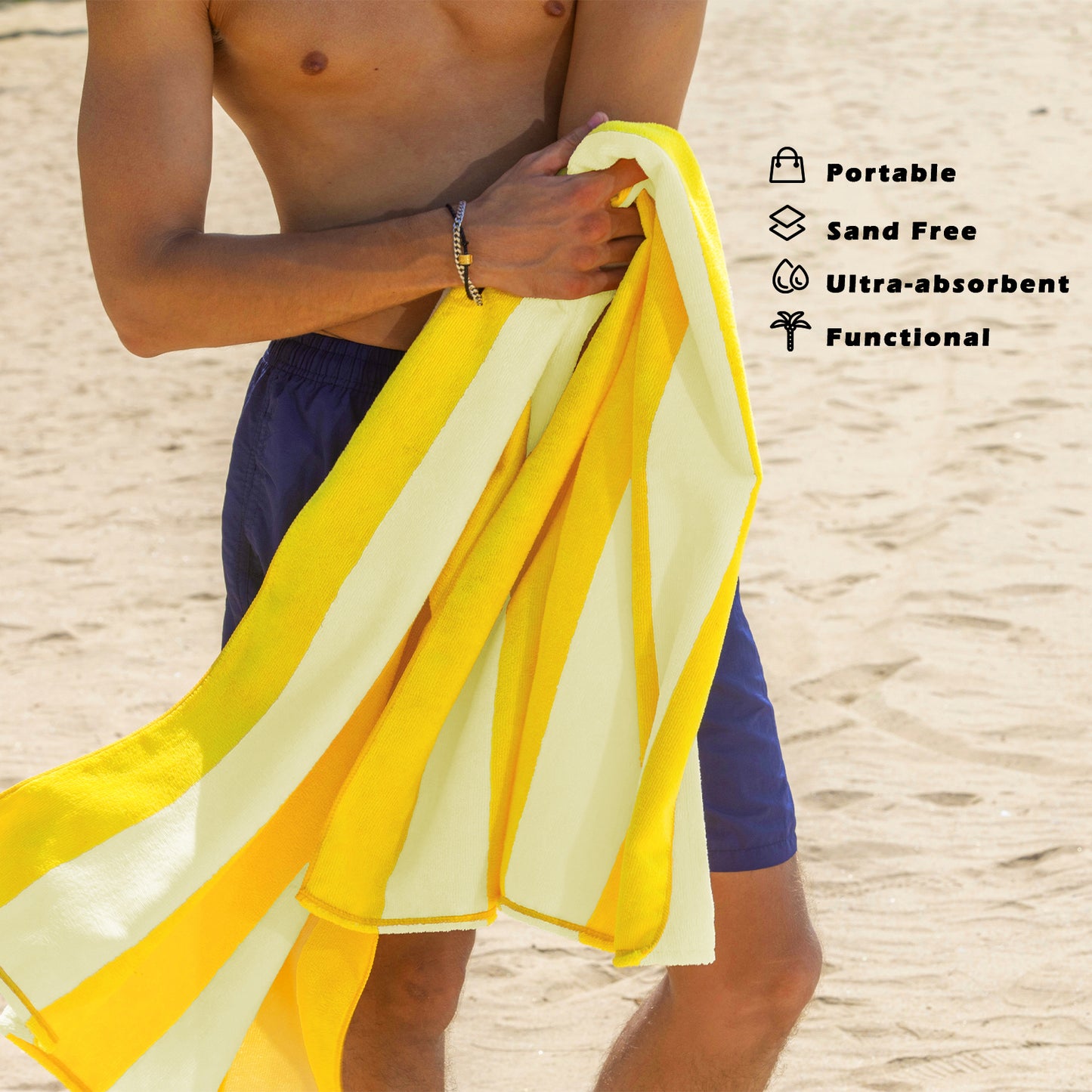 Exclusivo Mezcla Microfiber Cabana Striped Large Beach Towel for Adults (Yellow, 30" x 60")-Soft, Quick Dry, Absorbent, and Plush