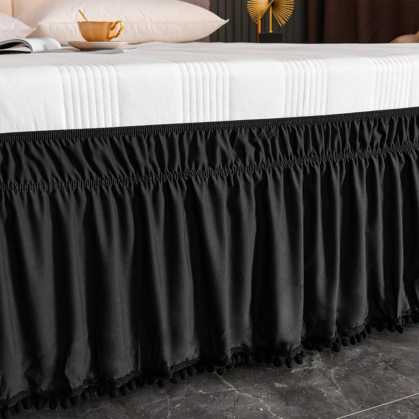 Exclusivo Mezcla Pom Pom Bed Skirt with Adjustable Elastic Belt, Easy Wrap Around Dust Ruffles with 16 Inch Tailored Drop, Wrinkle and Fade Resistant, (Full, Black)