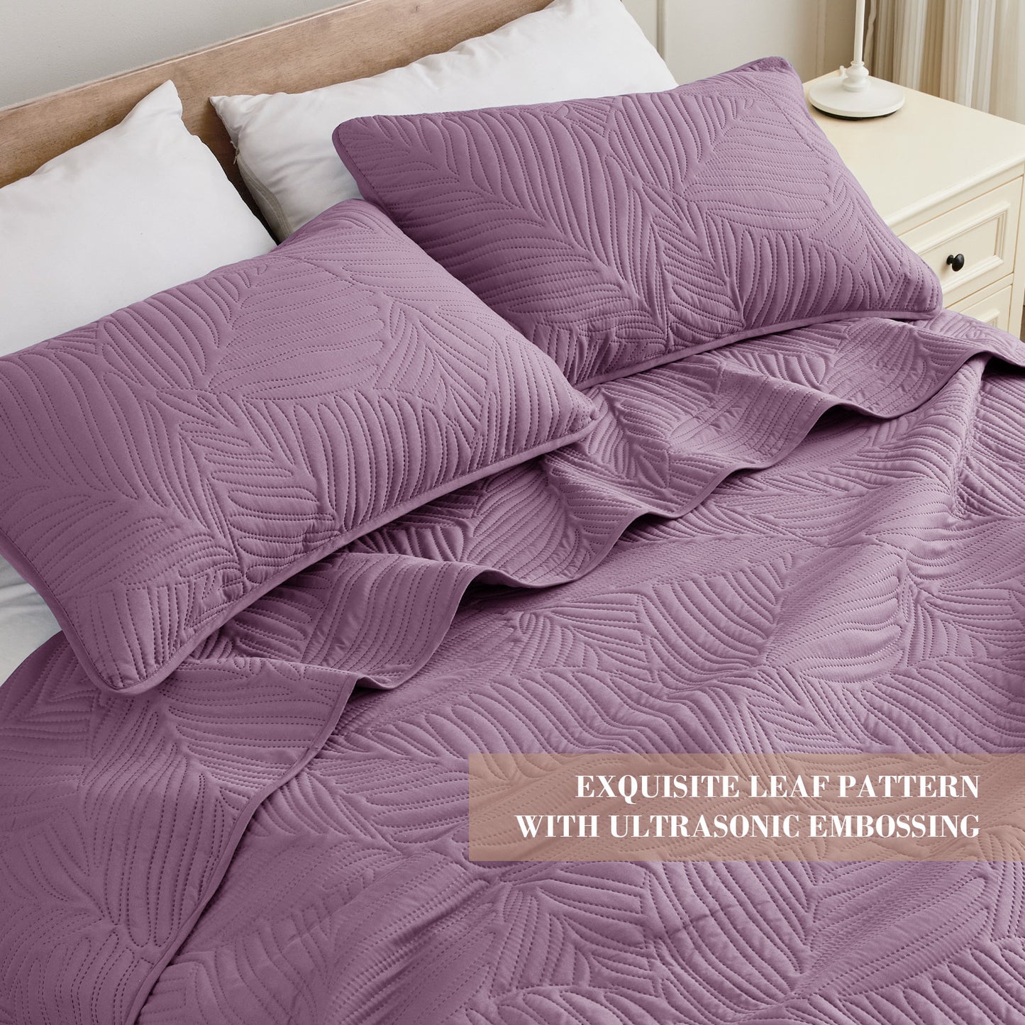 Exclusivo Mezcla Ultrasonic California King Size Quilt Set Dusty Lavender, 3 Pieces Lightweight Bedspread Leaf Pattern Bed Cover Soft Microfiber Coverlet Bedding Set for All Seasons