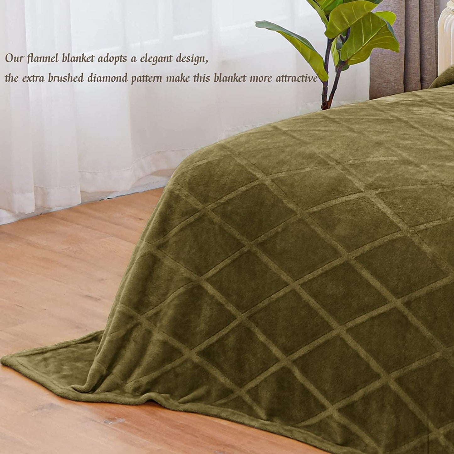 Exclusivo Mezcla Queen Size Flannel Fleece Blanket, 90x90 Inches Soft Diamond Geometry Pattern Velvet Plush Blanket for Bed, Cozy, Warm, Lightweight and Decorative Olive Green Blanket