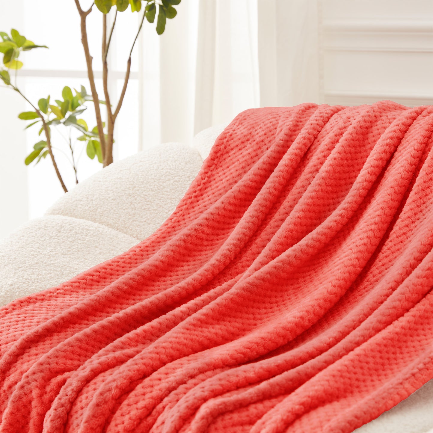 Exclusivo Mezcla Waffle Textured Soft Fleece Blanket, Twin Size Bed Blanket, Cozy Warm and Lightweight (Coral Orange, 90x66 inches)