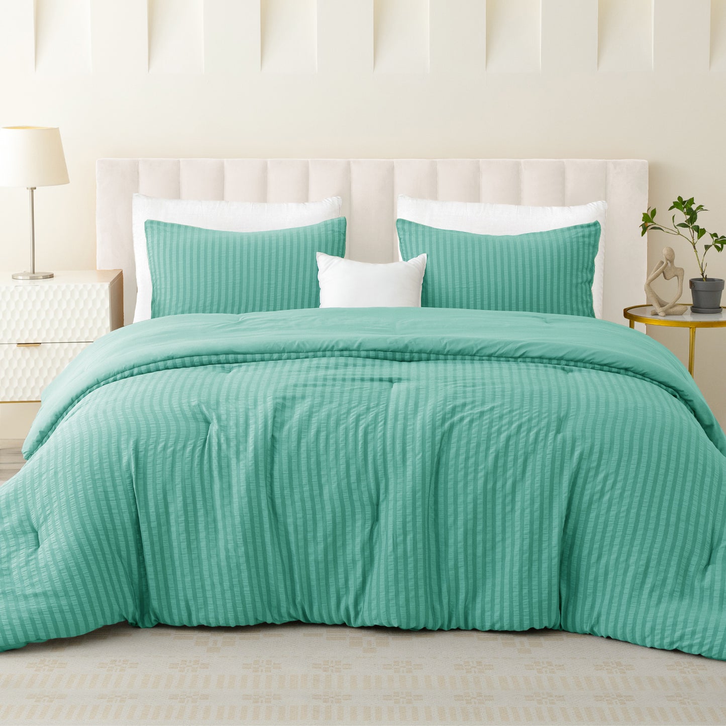 Exclusivo Mezcla 2-Piece Seersucker Twin Comforter Set Aqua Blue, Lightweight Soft Striped Pattern All Season Bedding Comforter sets with 1 Pillow Sham