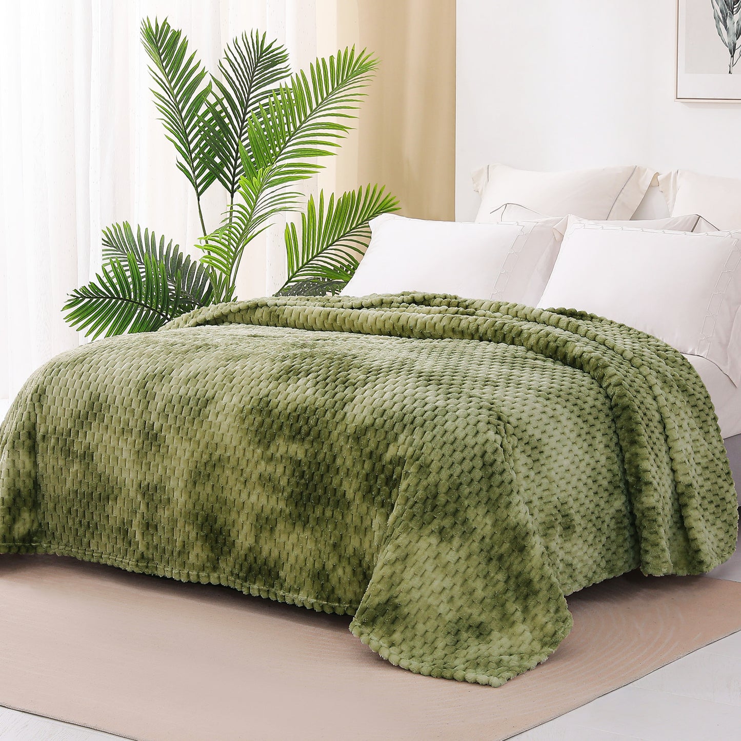 Exclusivo Mezcla Queen Size Flannel Fleece Blanket, 90x90 Inches Stylish Jacquard Velvet Plush Blanket for Bed, Cozy, Warm, Lightweight and Decorative Olive Green Blanket