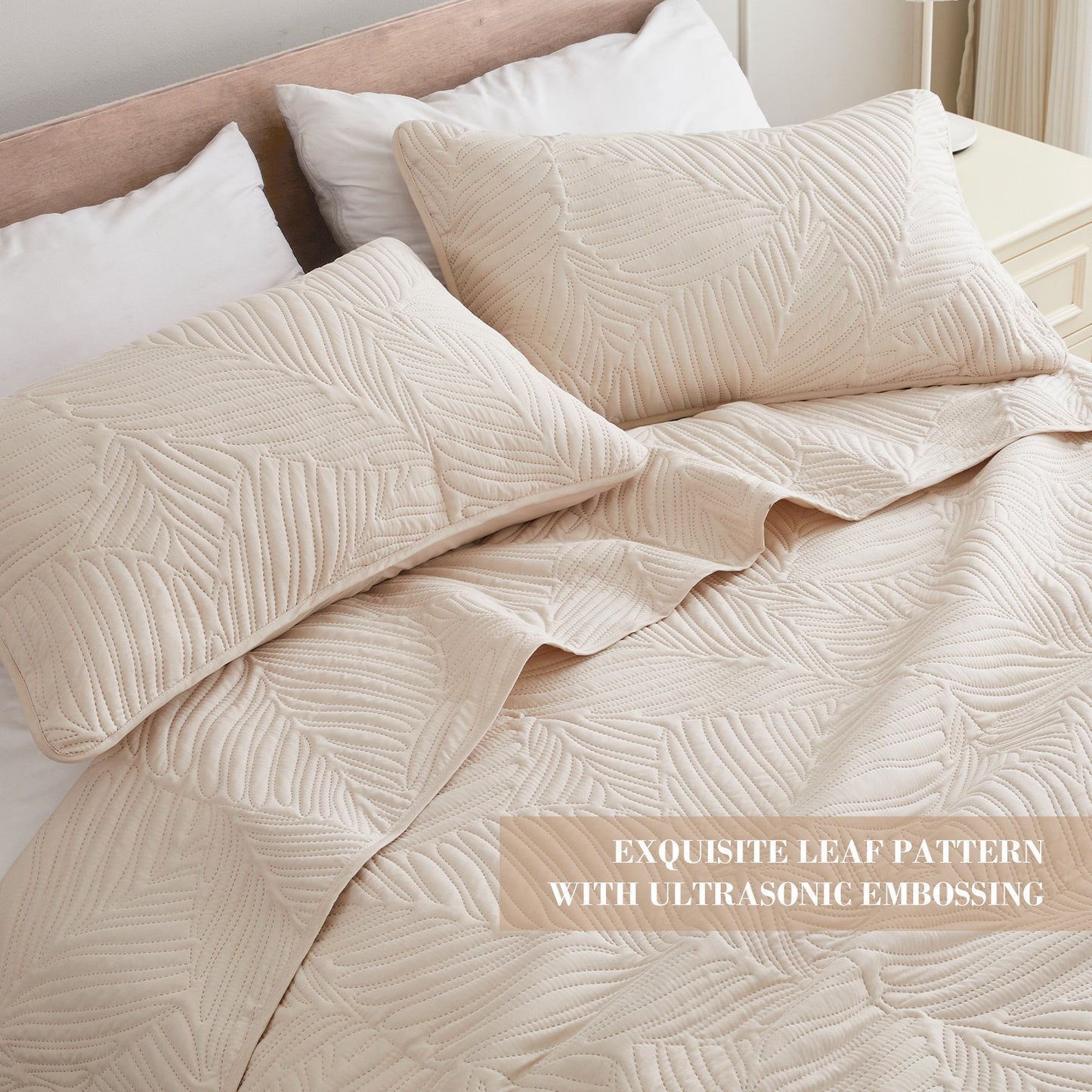 Exclusivo Mezcla Full Queen Quilt Set Brich Beige, Lightweight Bedspread Leaf Pattern Bed Cover Soft Coverlet Bedding Set(1 Quilt, 2 Pillow Shams)