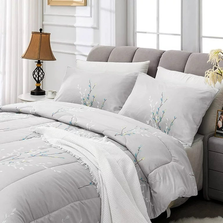 Exclusivo Mezcla 3-Piece Floral Queen Comforter Set, Microfiber Bedding Down Alternative Comforter for All Seasons with 2 Pillow Shams, Grey