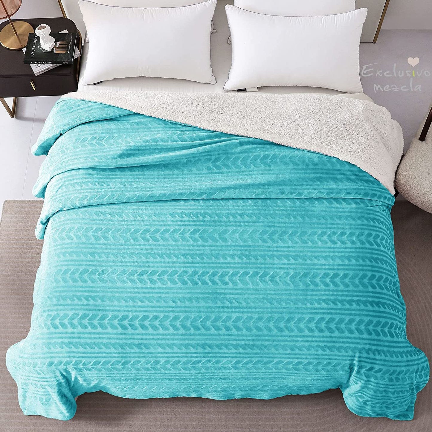 Exclusivo Mezcla Twin Size Sherpa Fleece Bed Blanket, Ultra Soft and Warm Reversible Velvet Blankets for Bed Couch Sofa 90x66 inches, Aqua Blue