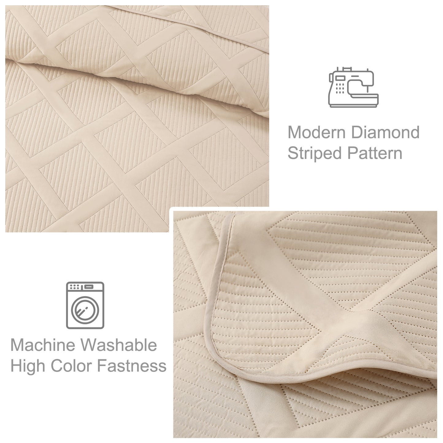 Exclusivo Mezcla Ultrasonic Twin/ Twin XL Quilt Set, Lightweight Bedspreads Modern Striped Coverlet with 1 Pillow Sham, Brich Beige