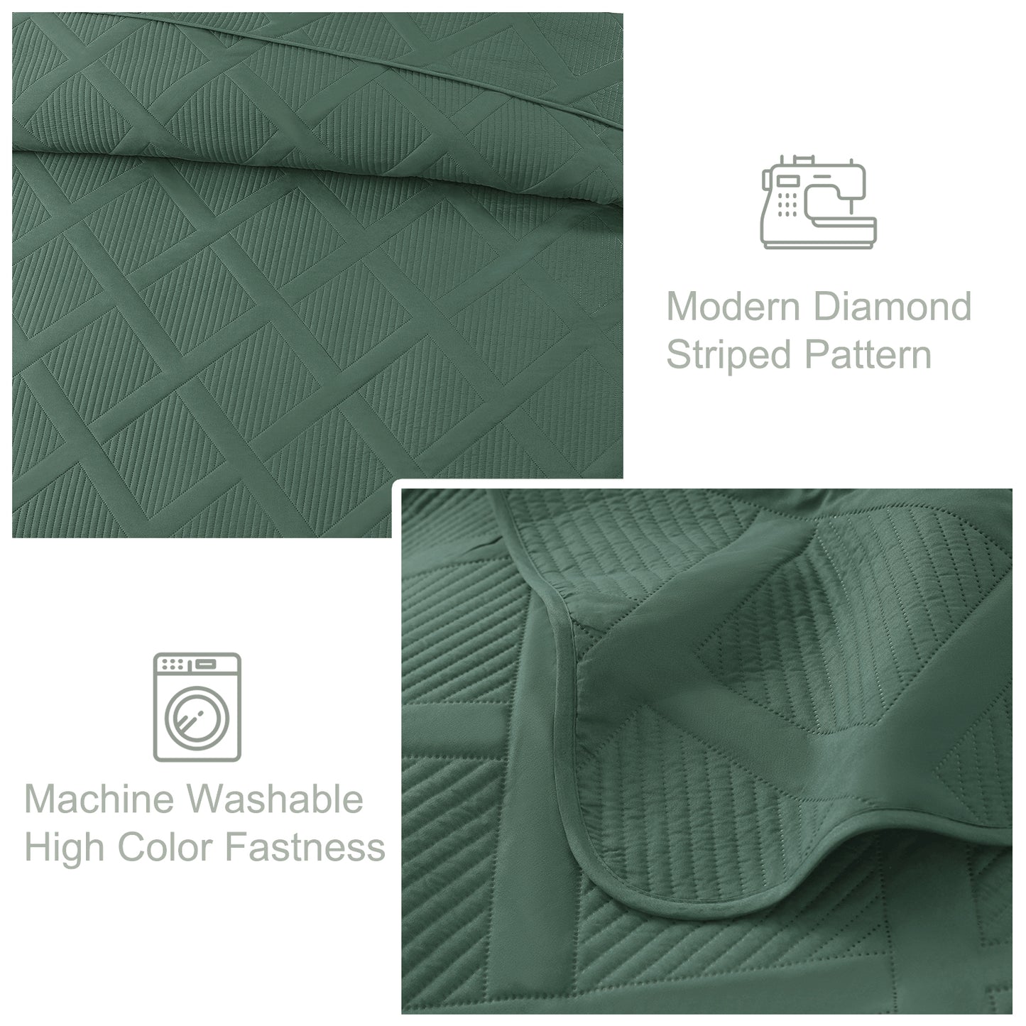 Exclusivo Mezcla Ultrasonic Full Queen Quilt Set, Lightweight Bedspreads Modern Striped Coverlet with 2 Pillow Shams, Green
