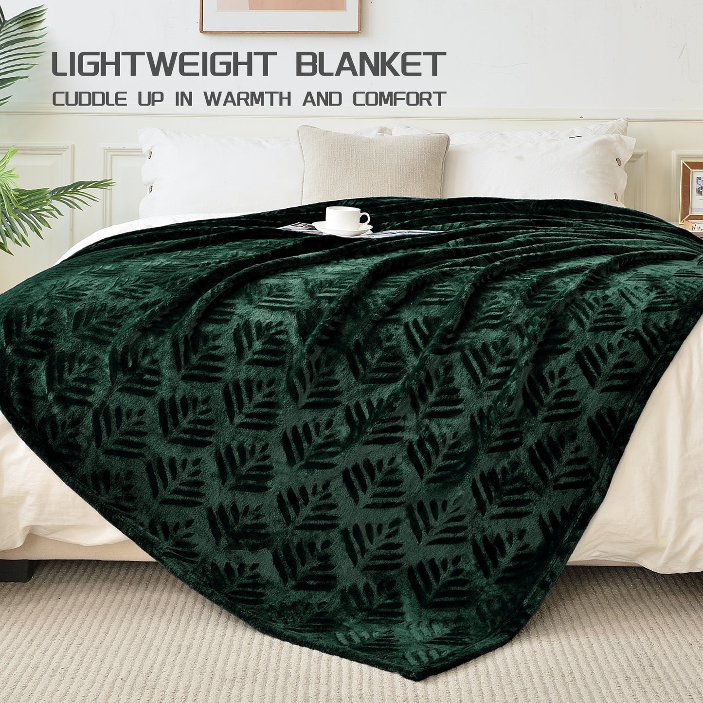 Exclusivo Mezcla Twin size Blanket for Bed, Super Soft and Warm Forest Green Blankets for All Seasons, Flannel Fleece Leaves Pattern Bed Blanket, Plush Fuzzy and Thick, 60x80 Inch