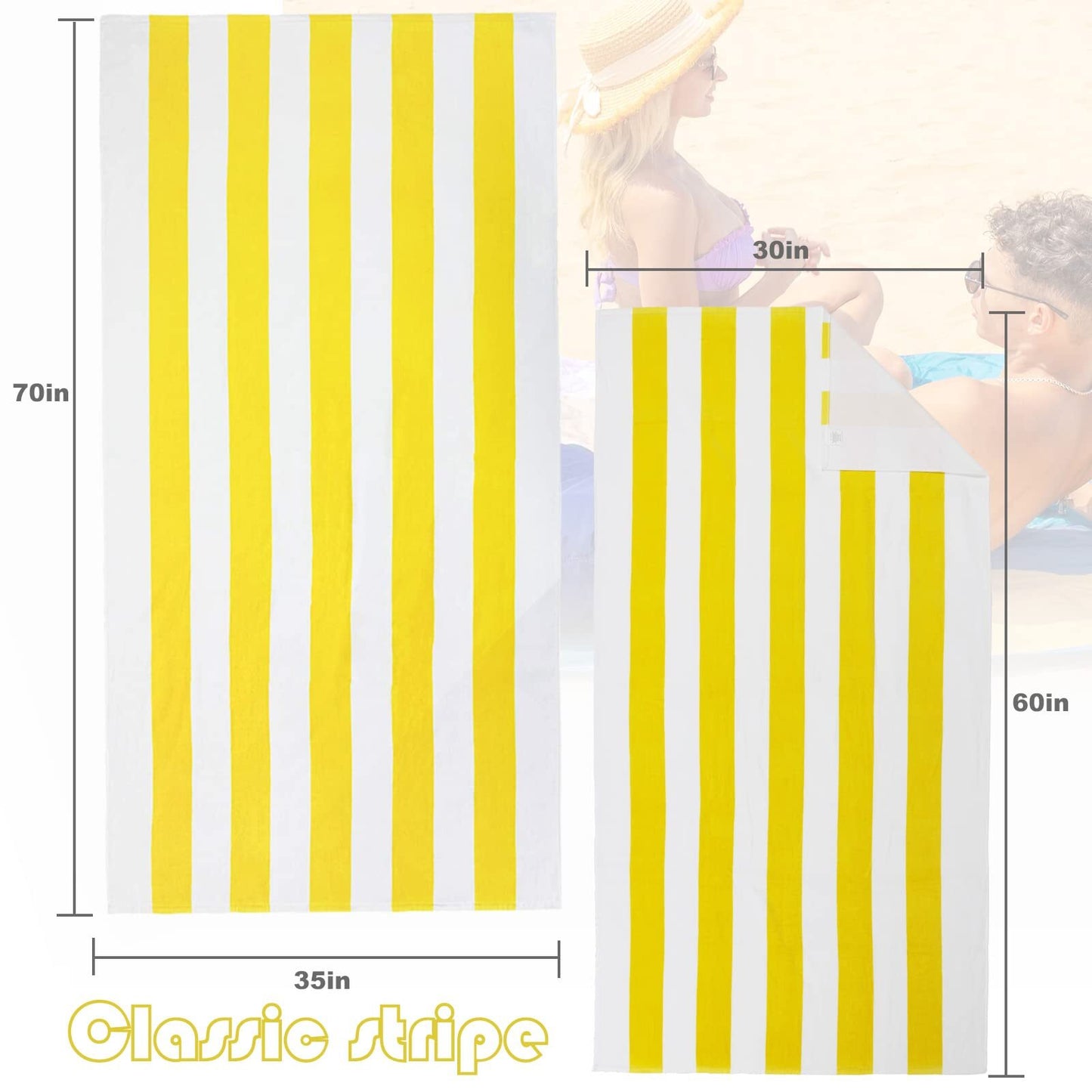 Exclusivo Mezcla 4-Pack Cotton Large Cabana Stripe Beach Towels, Super Absorbent Soft Plush Pool Towel, Bath Towel (Yellow, 30"x60")
