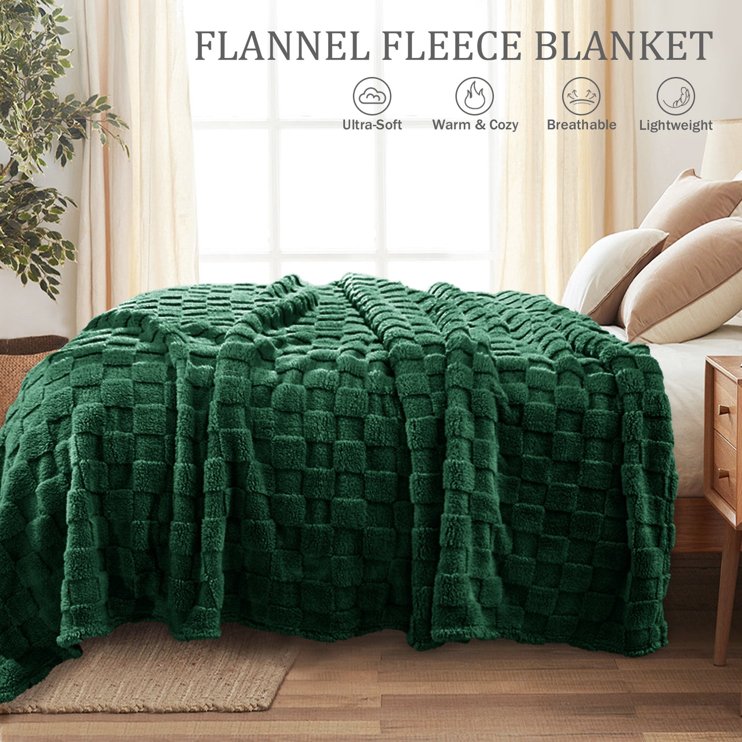 Exclusivo Mezcla Fleece Throw Blanket for Couch, Super Soft 3D Checkered Jacquard Bed Blanket, Cozy Fluffy Lightweight Blanket for All Seasons, 50x60 Inches, Forest Green Blanket