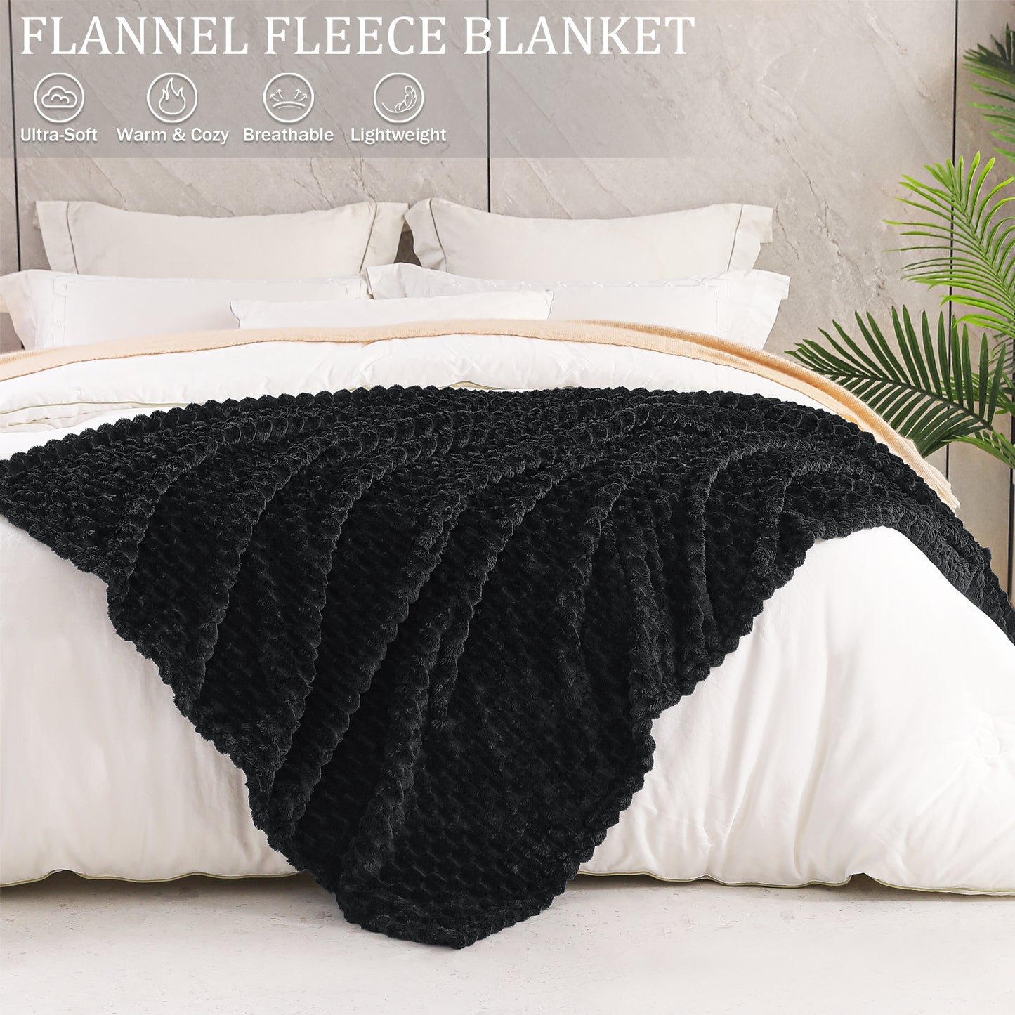 Exclusivo Mezcla Queen Size Flannel Fleece Blanket, 90x90 Inches Stylish Jacquard Velvet Plush Blanket for Bed, Cozy, Warm, Lightweight and Decorative Black Blanket