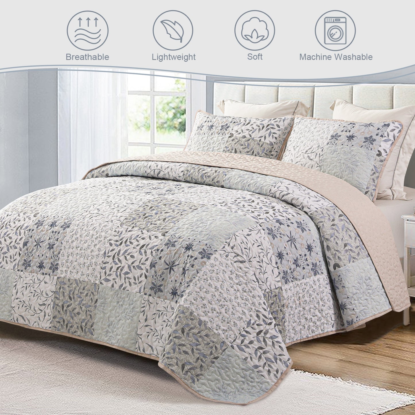 Exclusivo Mezcla Boho Bohemian Quilt Set Queen Size, Lightweight Patchwork Quilted Bedspread/Coverlet/Bed cover/Bedding set with colorful print pattern (Grey, 96x92)