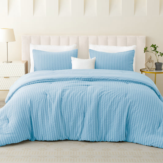 Exclusivo Mezcla 2-Piece Seersucker Twin Comforter Set Sky Blue, Lightweight Soft Striped Pattern All Season Bedding Comforter sets with 1 Pillow Sham