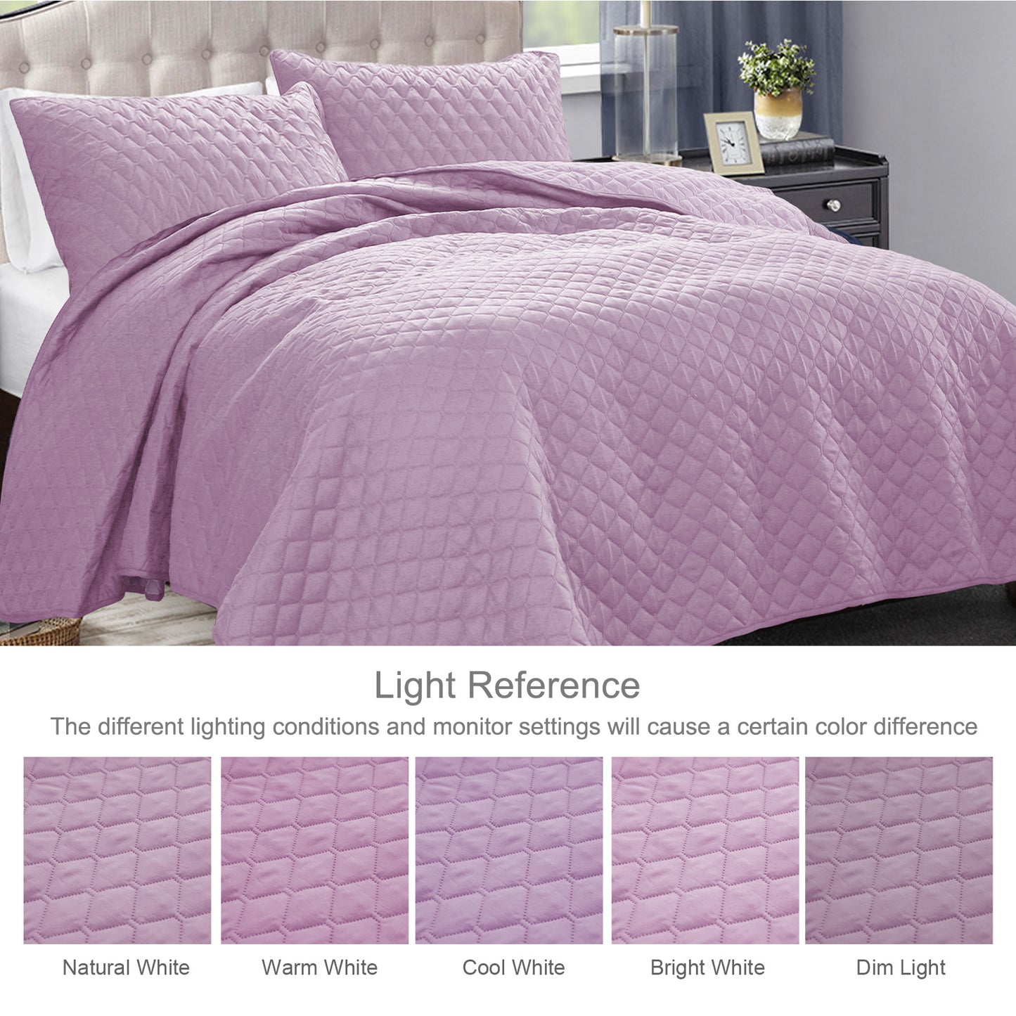 Exclusivo Mezcla Ultrasonic Reversible King Size Quilt Bedding Set with Pillow Shams, Lightweight Quilts King Size, Soft Bedspreads Bed Coverlets for All Seasons - (Lilac, 104"x92")