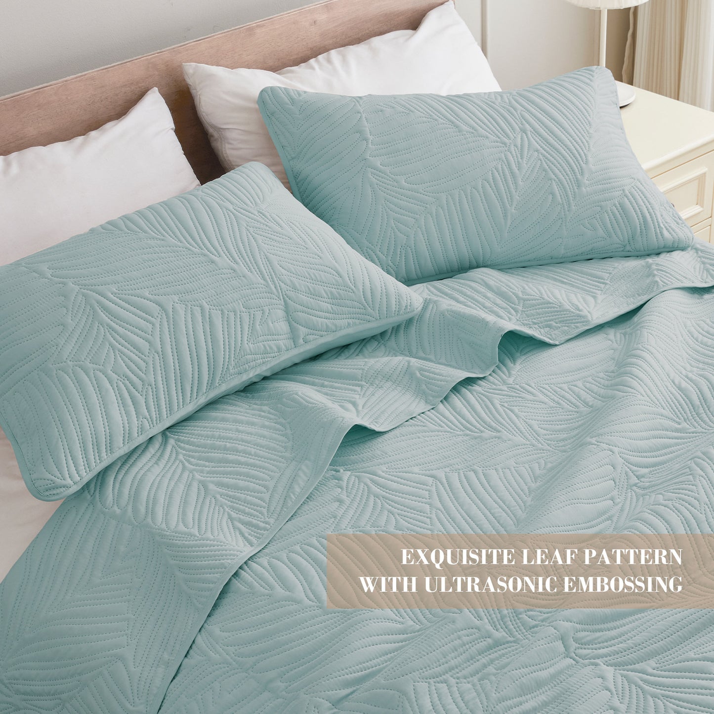 Exclusivo Mezcla Ultrasonic Twin Size Quilt Set Aqua Blue, 2 Pieces Lightweight Bedspread Leaf Pattern Bed Cover Soft Microfiber Coverlet Bedding Set for All Seasons