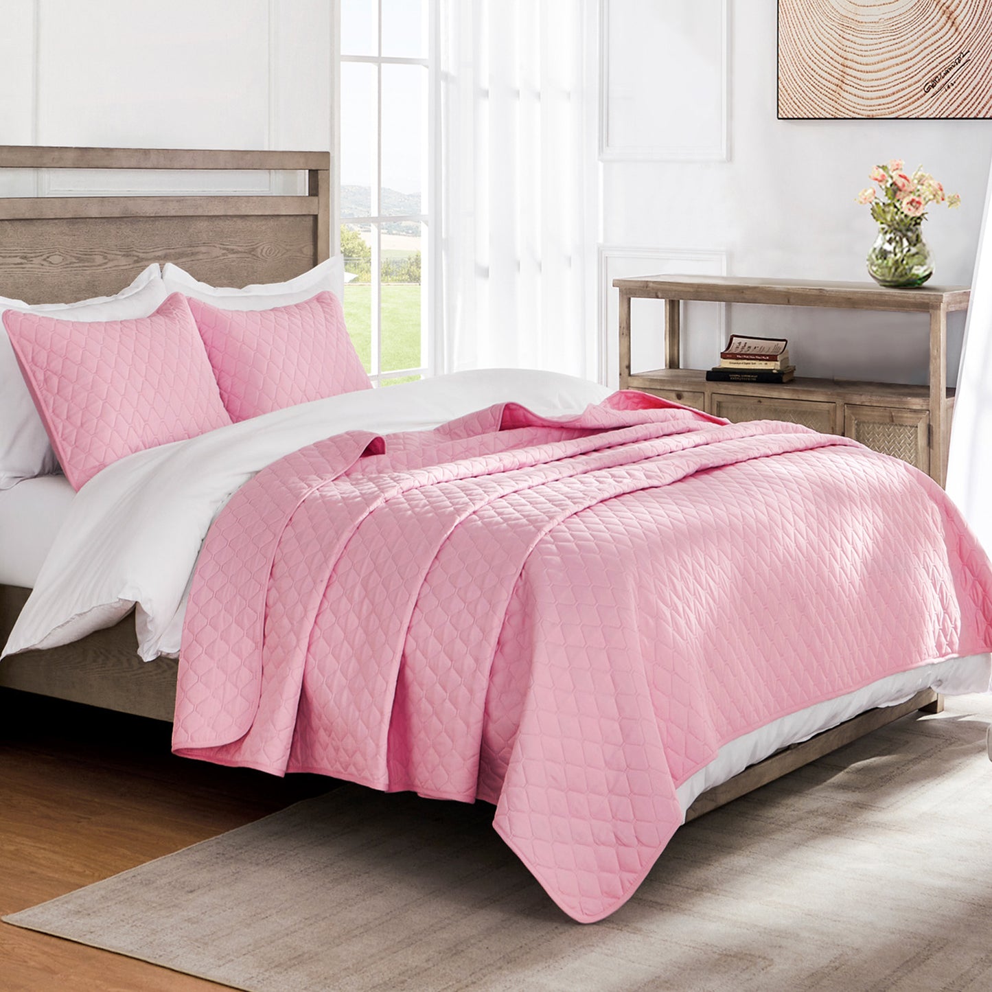 Exclusivo Mezcla Ultrasonic Reversible King Size Quilt Bedding Set with Pillow Shams, Lightweight Quilts King Size, Soft Bedspreads Bed Coverlets for All Seasons - (Bright Pink, 104"x96")
