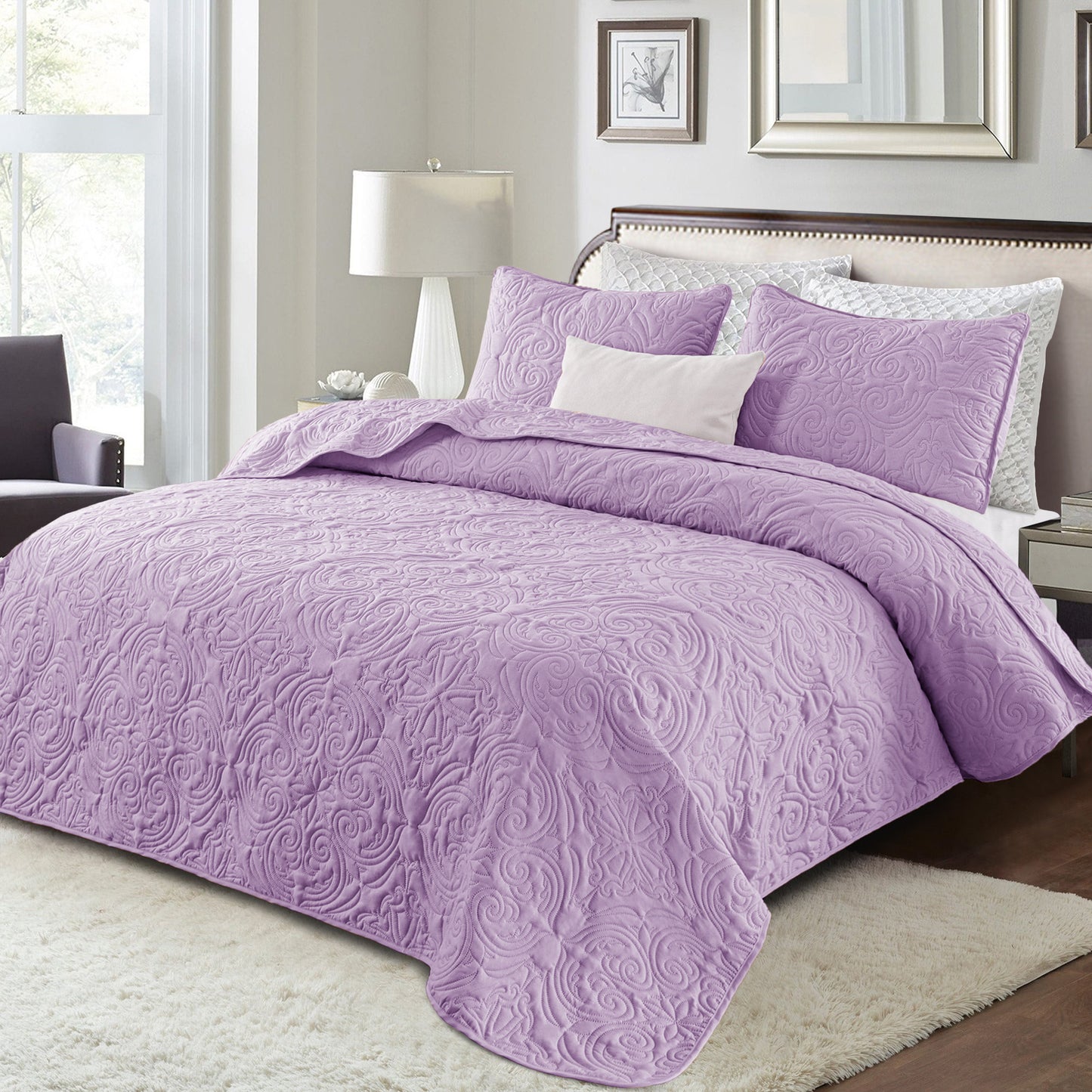 Exclusivo Mezcla King Quilt Bedding Set, Lightweight Vintage King Size Quilts with Pillow Shams, Soft Bedspreads Coverlets for All Seasons, (104"x96", Lilac)