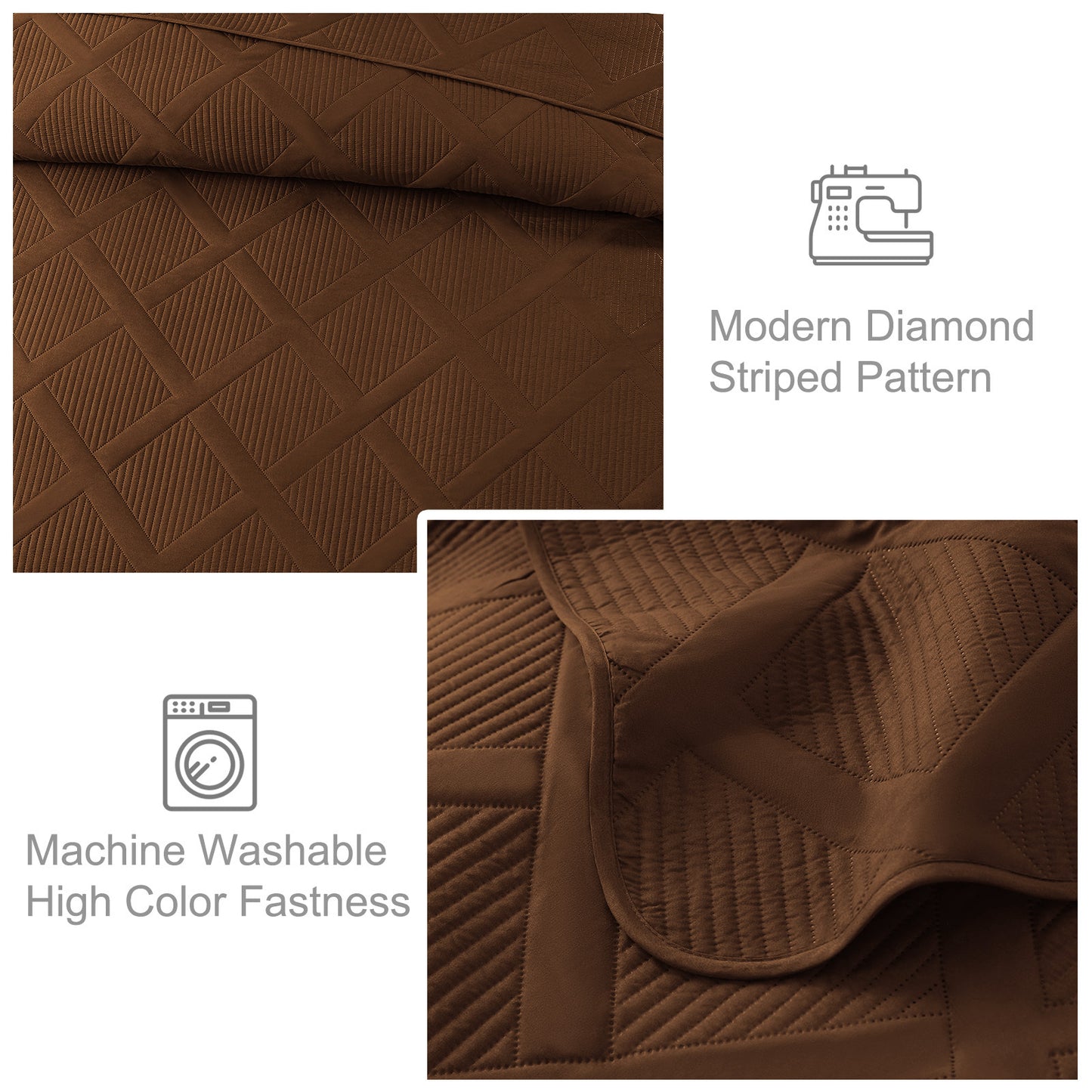 Exclusivo Mezcla 3 Pieces Ultrasonic Full Queen Quilt Set, Lightweight Bedspreads Modern Striped Coverlet Set, Brown