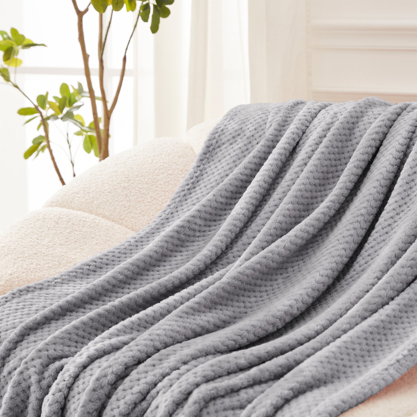 Exclusivo Mezcla Waffle Textured Soft Fleece Blanket, Twin Size Bed Blanket, Cozy Warm and Lightweight (Light Grey, 90x66 inches)