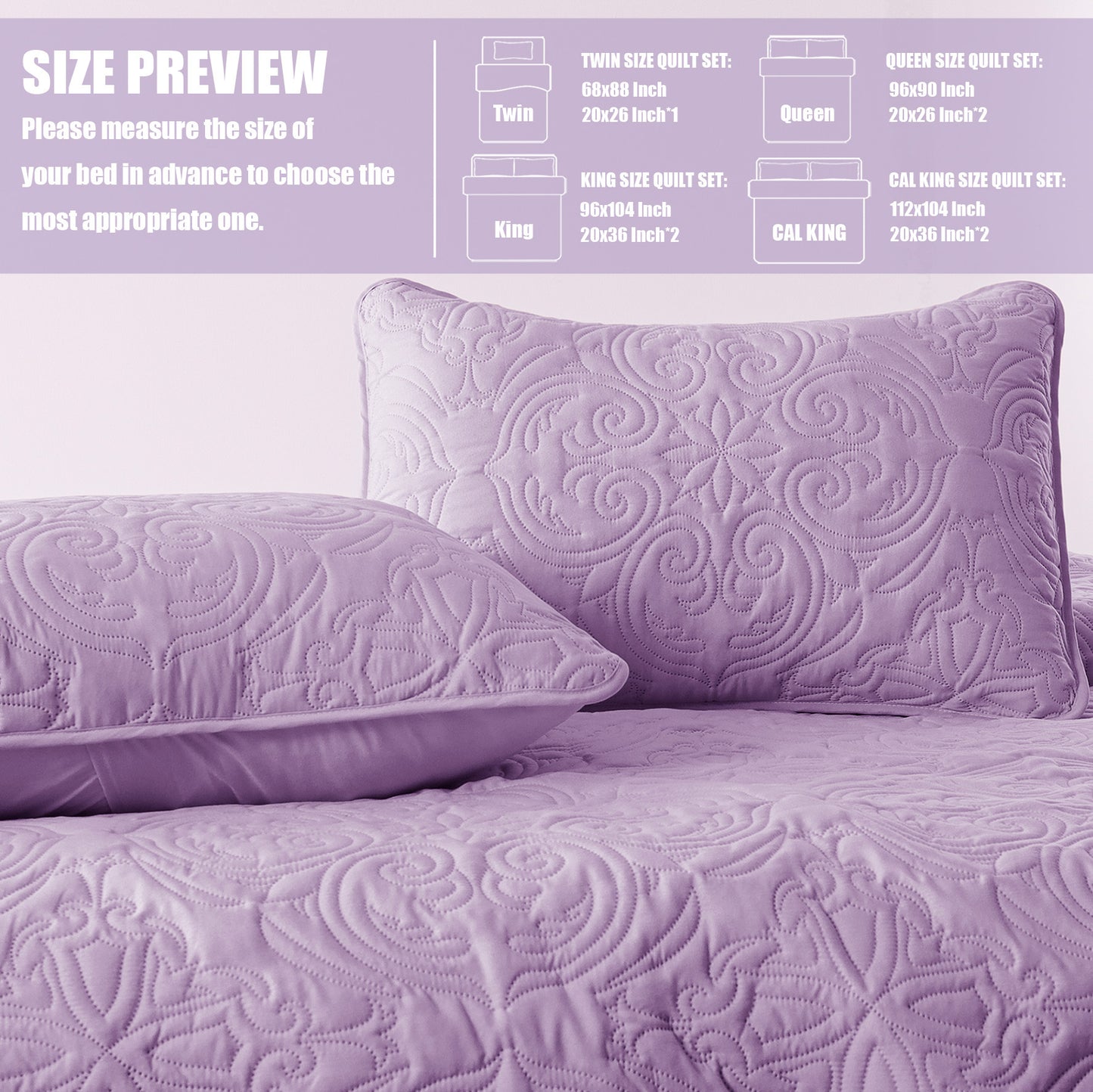 Exclusivo Mezcla King Quilt Bedding Set, Lightweight Vintage King Size Quilts with Pillow Shams, Soft Bedspreads Coverlets for All Seasons, (104"x96", Lilac)