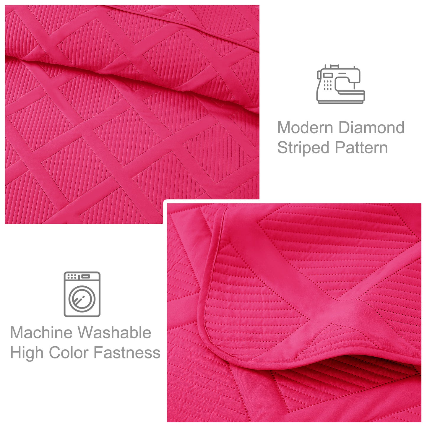 Exclusivo Mezcla Ultrasonic California King Quilt Set, Lightweight Bedspreads Modern Striped Coverlet with 2 Pillow Shams, Hot Pink