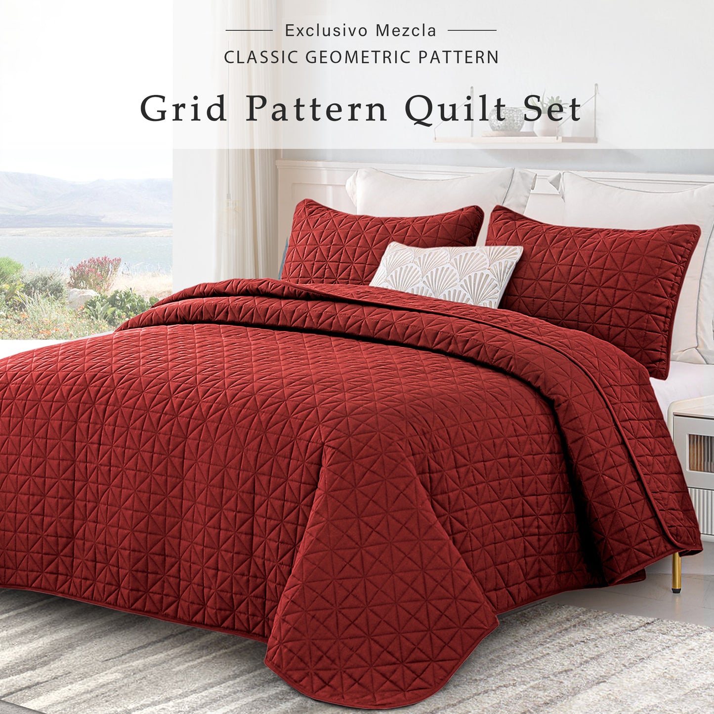 Exclusivo Mezcla Twin Quilt Bedding Set for All Seasons, Lightweight Soft Red Quilts Twin Size Bedspreads Coverlets Bed Cover with Geometric Stitched Pattern, (1 Quilt, 1 Pillow Sham)