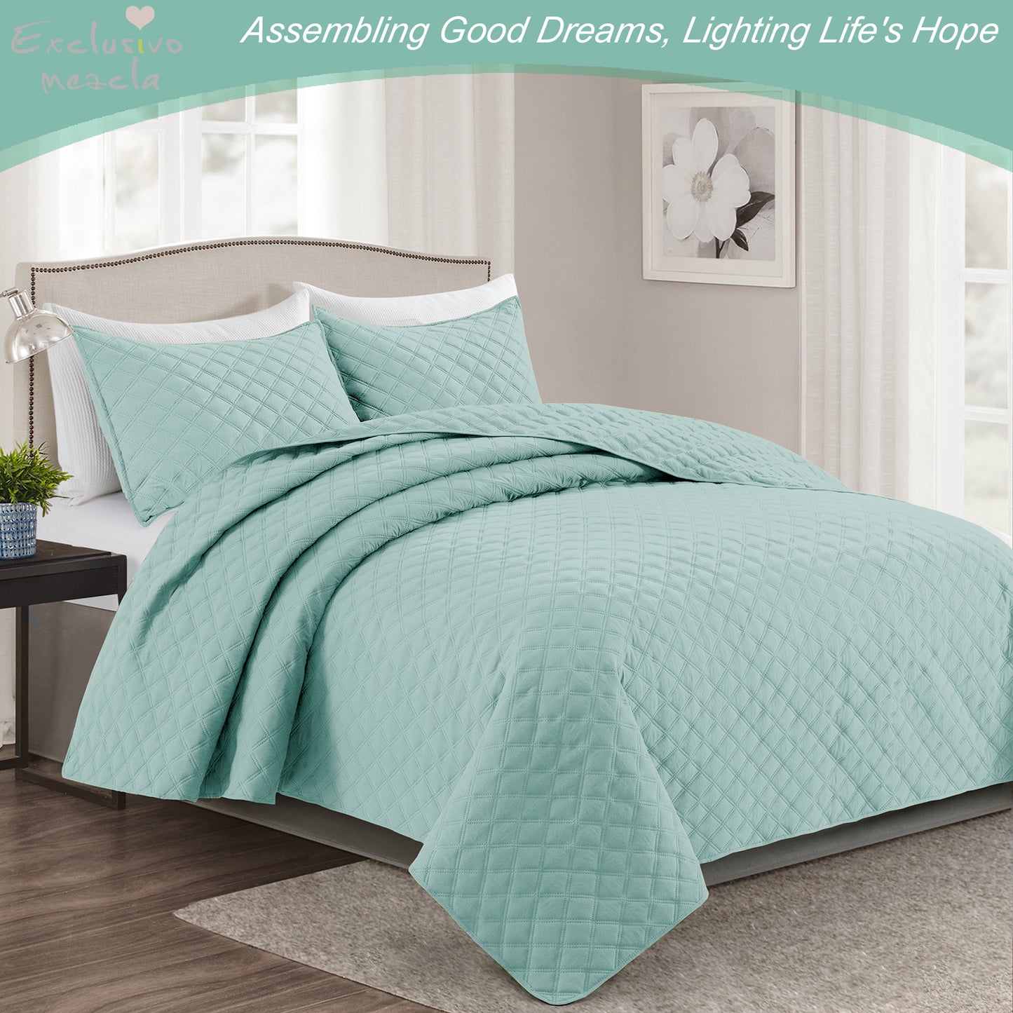 Exclusivo Mezcla 3-Piece Aqua King Size Quilt Set, Box Pattern Ultrasonic Lightweight and Soft Quilts/Bedspreads/Coverlets/Bedding Set (1 Quilt, 2 Pillow Shams) for All Seasons