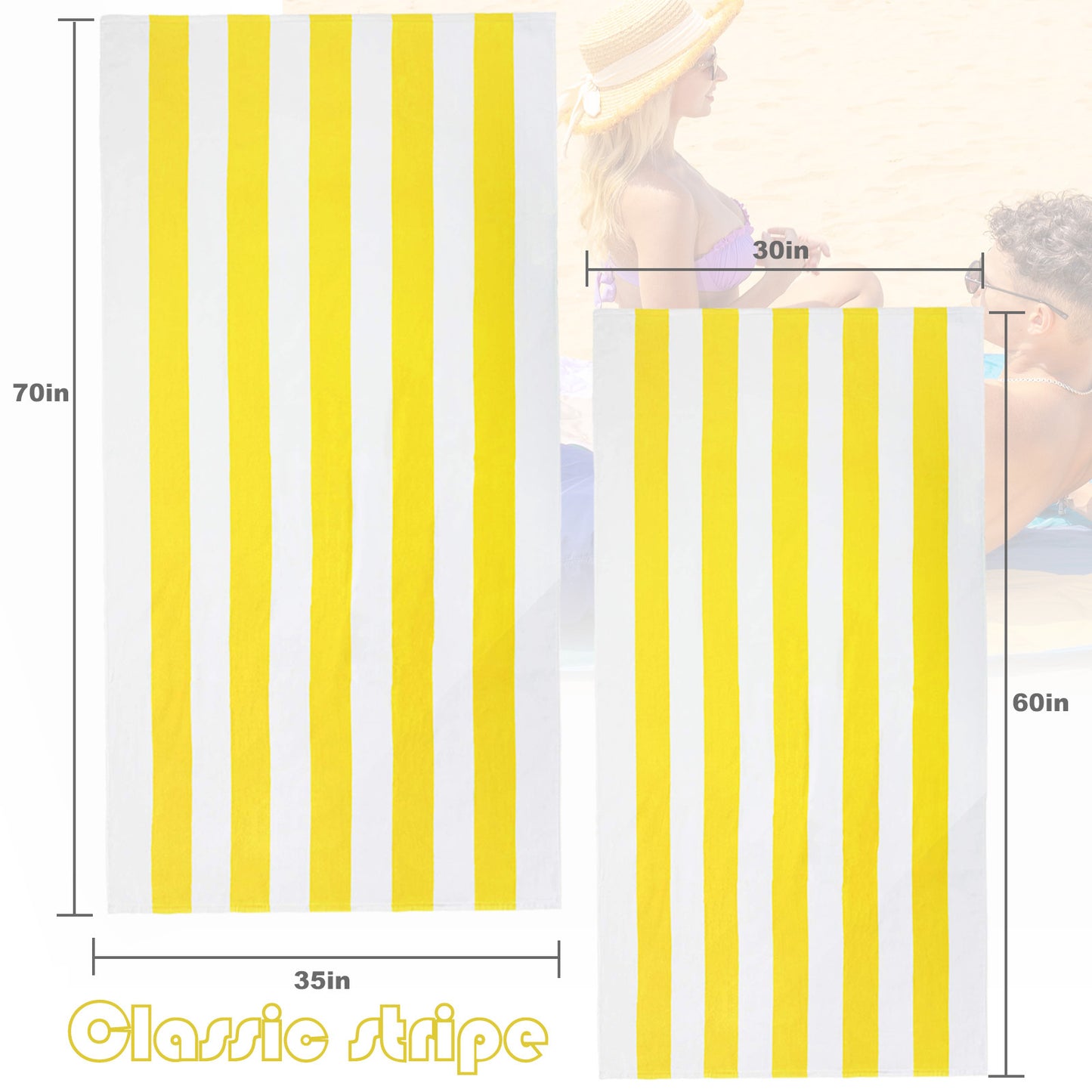 Exclusivo Mezcla 2-Pack 100% Cotton Oversized 35"x70" Cabana Stripe Beach Towels, Super Absorbent Soft Plush Pool Towel, Bath Towel (Yellow)