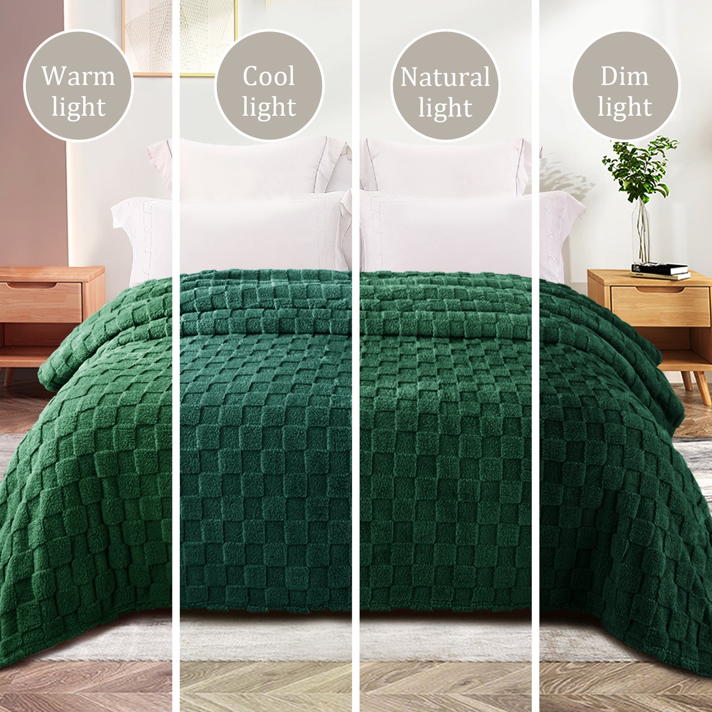 Exclusivo Mezcla Fleece Throw Blanket for Couch, Super Soft 3D Checkered Jacquard Bed Blanket, Cozy Fluffy Lightweight Blanket for All Seasons, 50x60 Inches, Forest Green Blanket