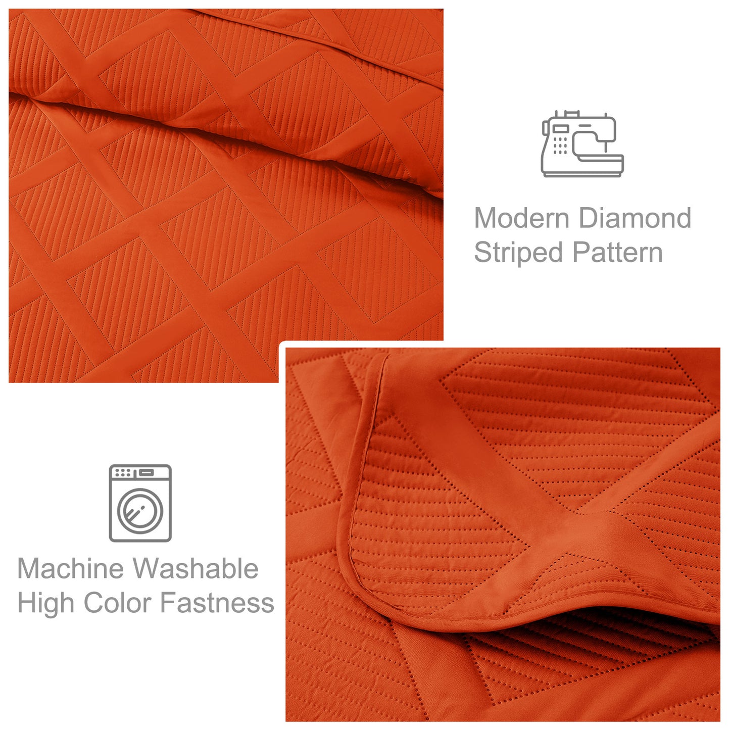 Exclusivo Mezcla Ultrasonic California King Quilt Set, Lightweight Bedspreads Modern Striped Coverlet with 2 Pillow Shams, Burnt Orange