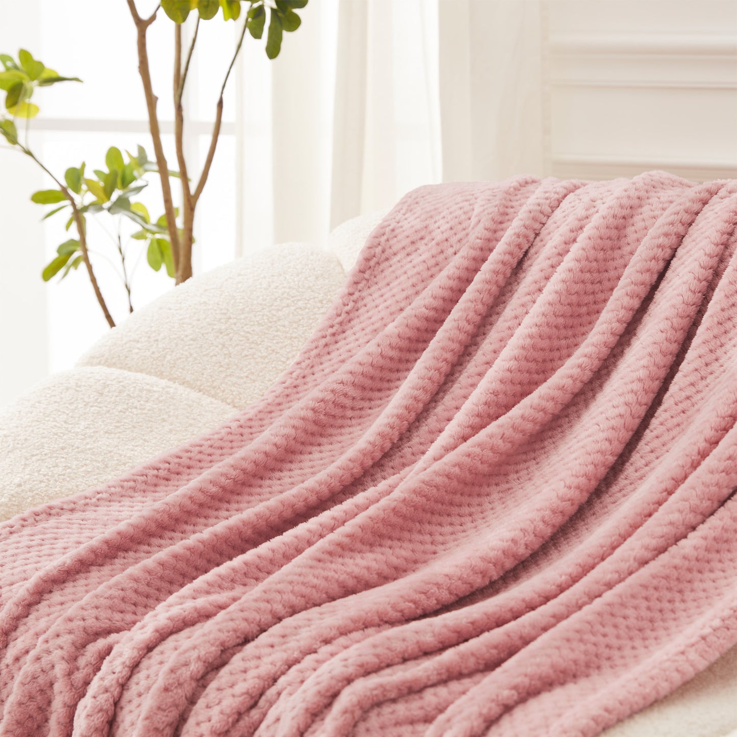 Exclusivo Mezcla Waffle Textured Soft Fleece Blanket, Twin Size Bed Blanket, Cozy Warm and Lightweight (Dusty Pink, 90x66 inches)