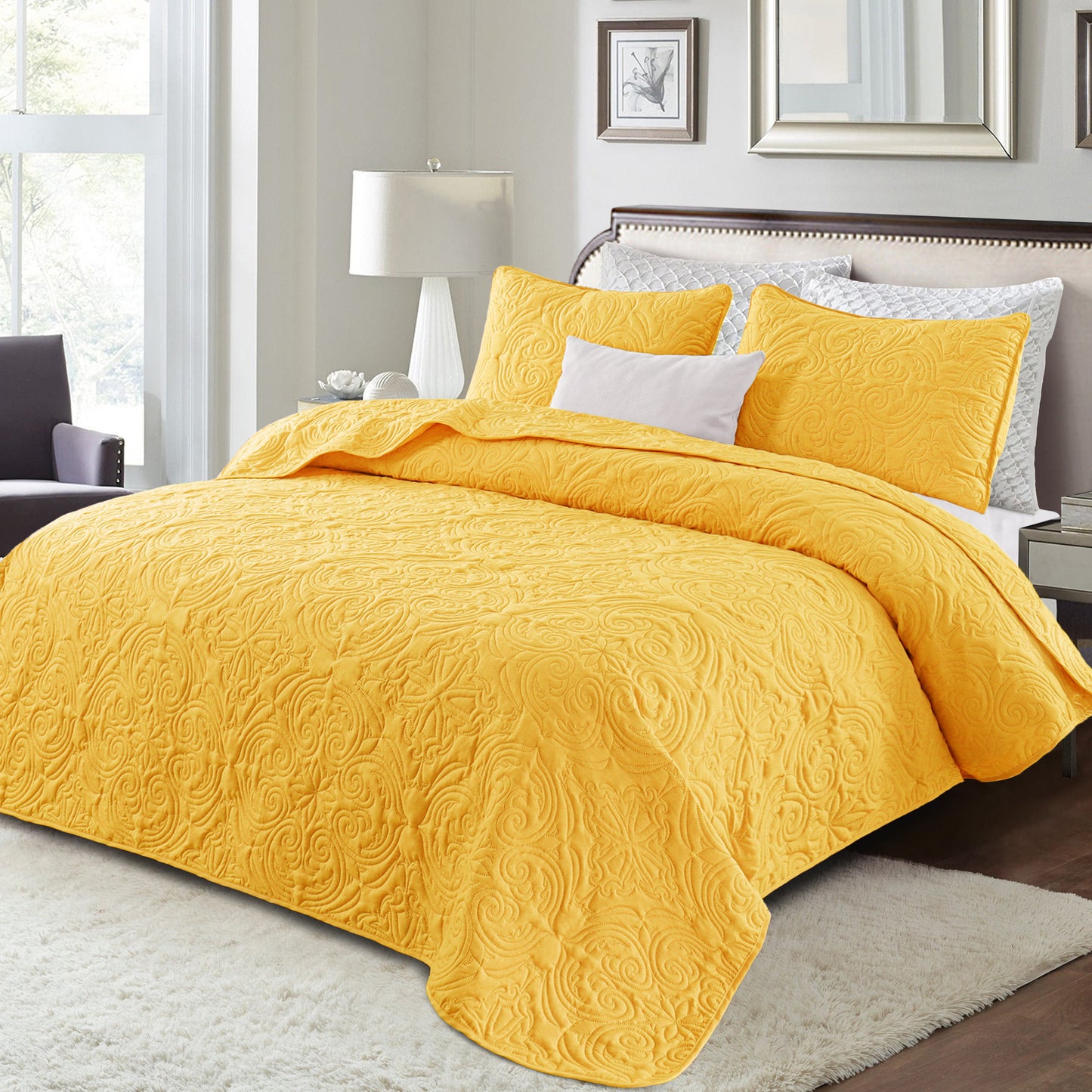 Exclusivo Mezcla Queen Quilt Bedding Set, Lightweight Vintage Queen Size Quilts with Pillow Shams, Soft Bedspreads Coverlets for All Seasons, (96"x90", Yellow)