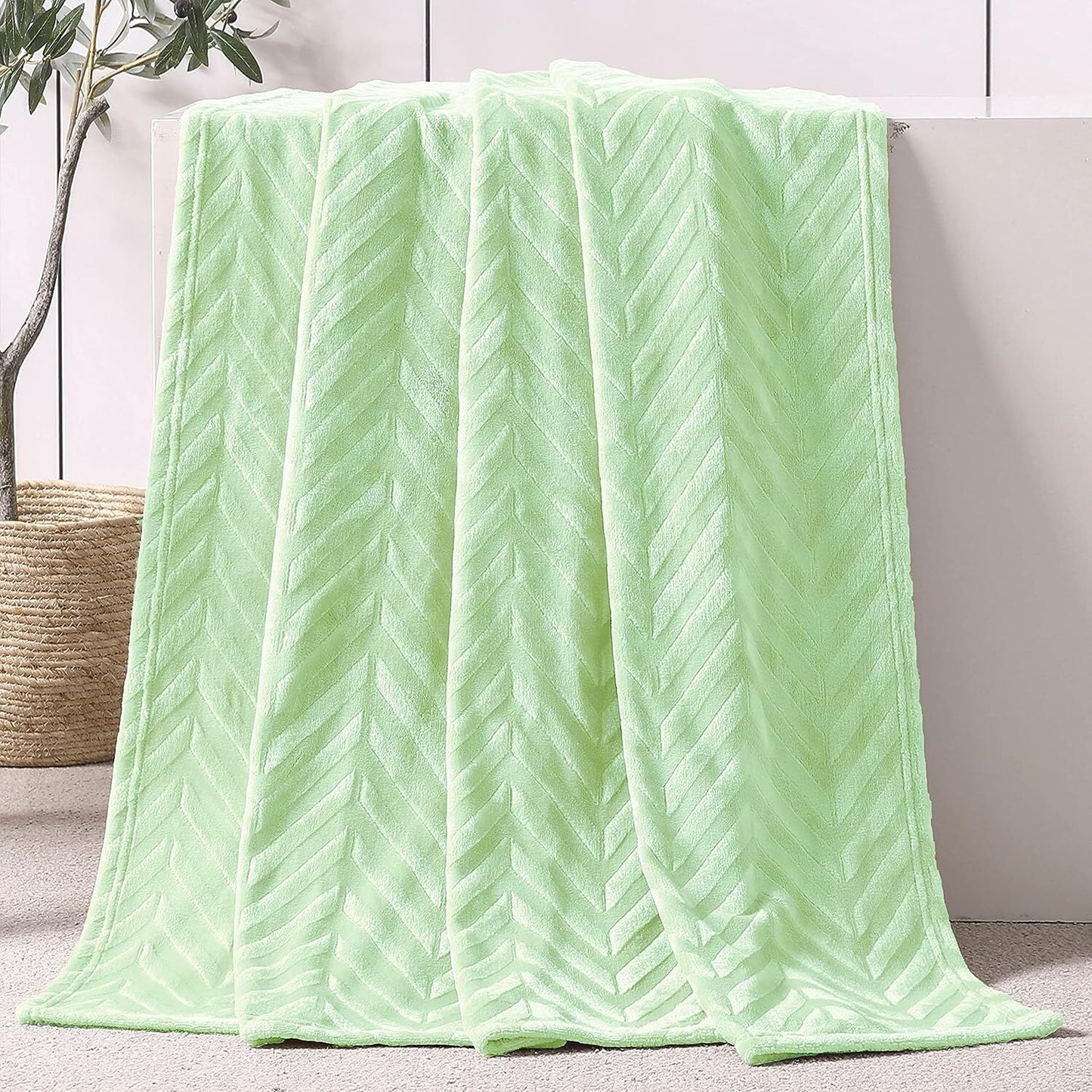 Whale Flotilla Fleece Throw Blanket for Couch, Soft Fluffy Sofa Bed Blanket with Chevron Pattern for All Season, Warm and Lightweight, 50x60 Inch, Light Green