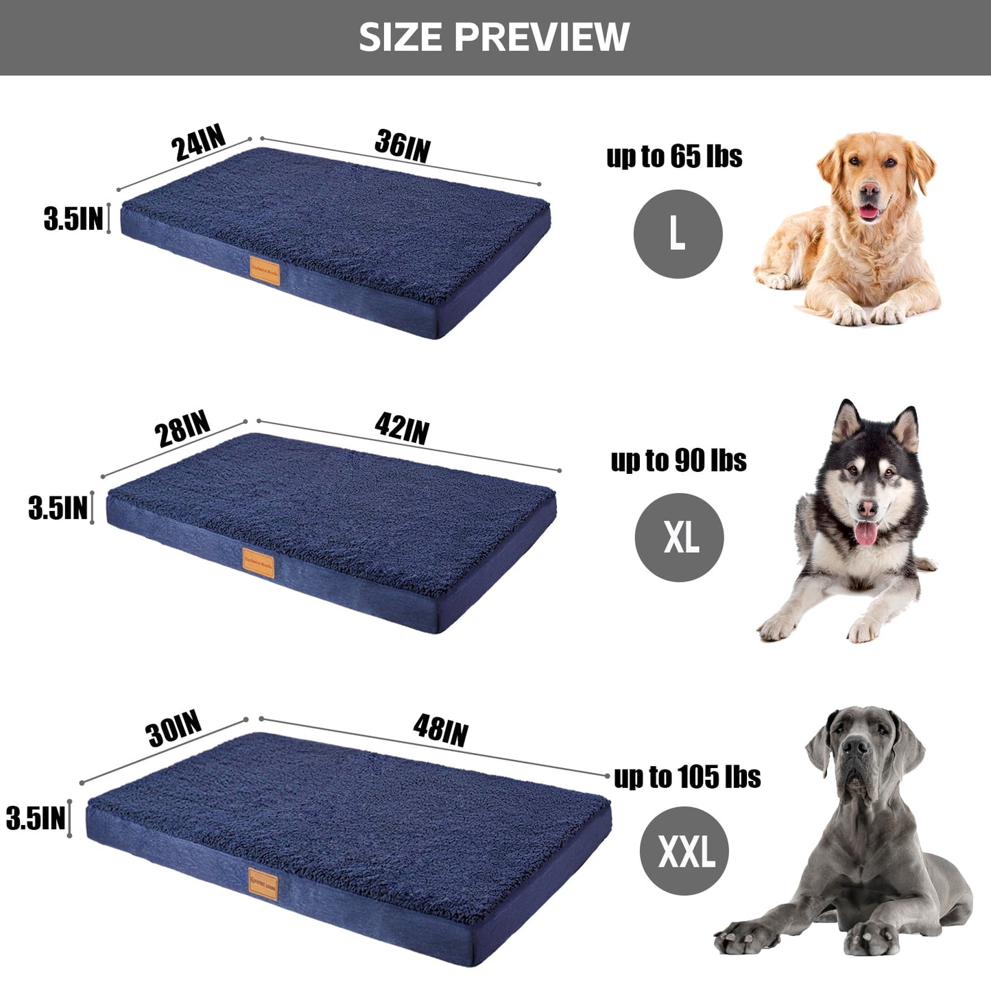 Exclusivo Mezcla Orthopedic XL Dog Bed for Large Dogs 42''X28'', Egg Crate Foam Big Large Dog Beds with Removable Washable Cover,Waterproof Pet Bed Mat, Navy Blue
