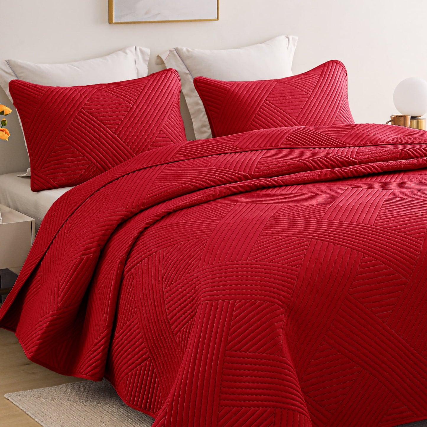Whale Flotilla California King Quilt Set, Soft Oversized Quilts Bedspread Coverlet Embossed Pattern, Lightweight Reversible Bedding Sets for All Seasons with Pillow Shams, 104x112 Inches, Red