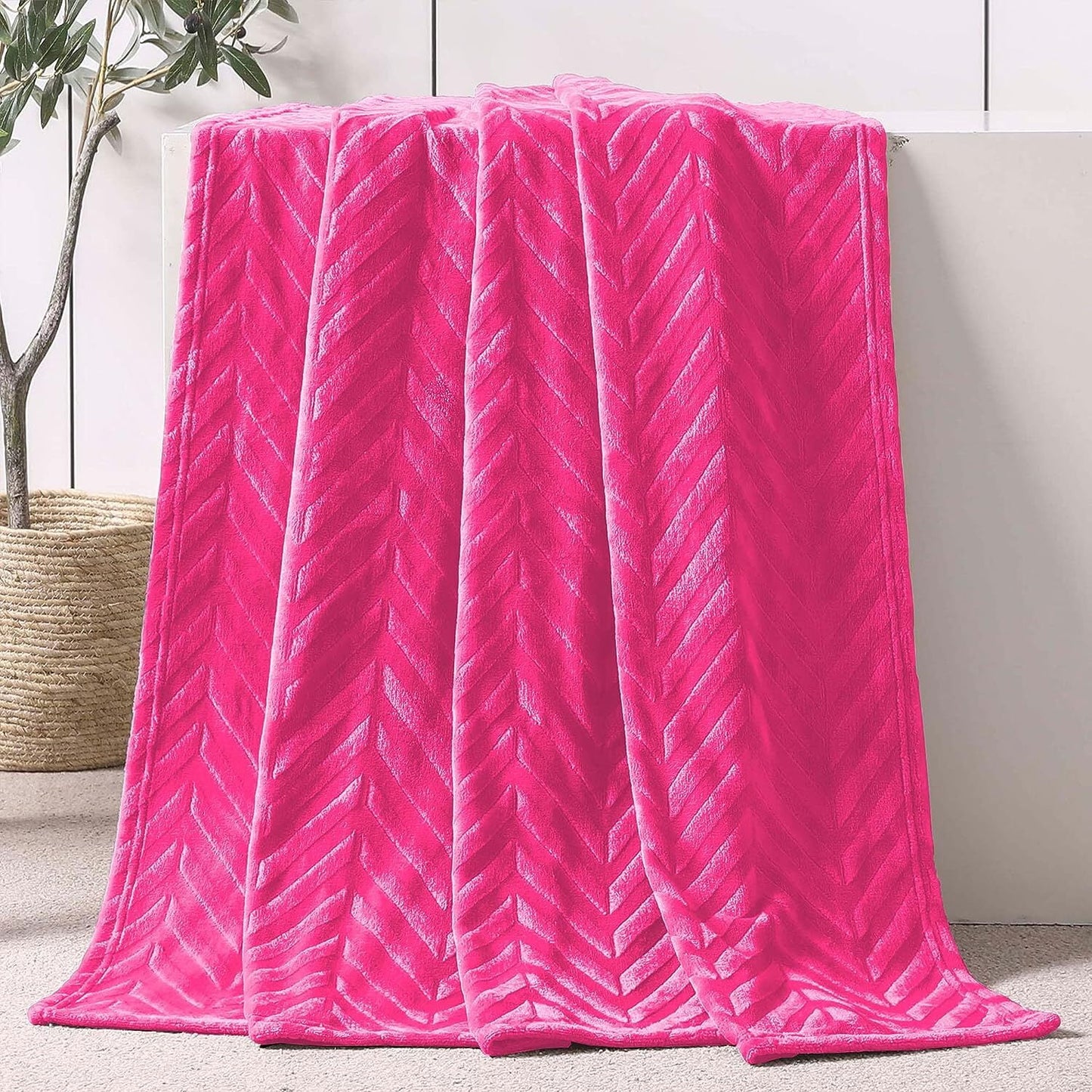 Whale Flotilla Fleece Throw Blanket for Couch, Soft Fluffy Sofa Bed Blanket with Chevron Pattern for All Season, Warm and Lightweight, 50x60 Inch, Hot Pink