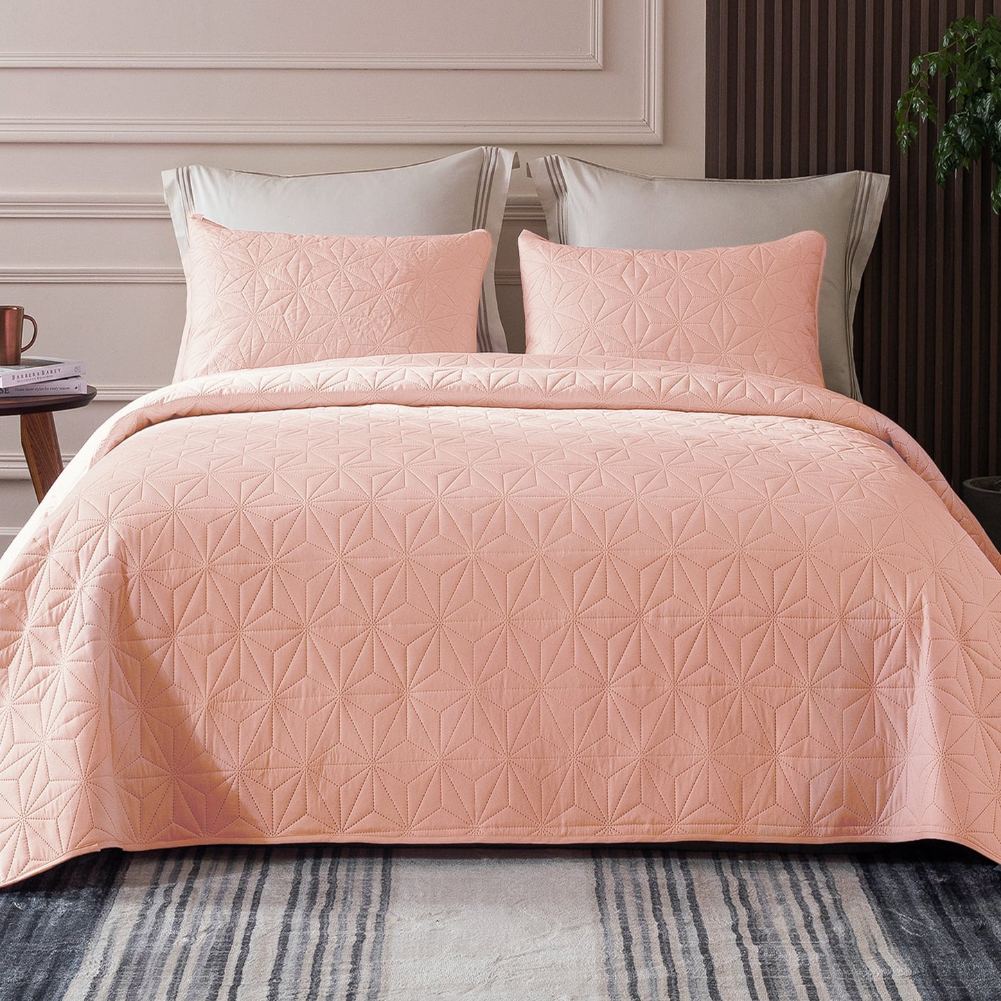 Whale Flotilla Microfiber California King (104x112 inches) Quilt Set Lightweight Quilted Bedspreads Coverlets Set with Stars Pattern, Blush Pink, 3 Piece (1 Quilt, 2 Shams)