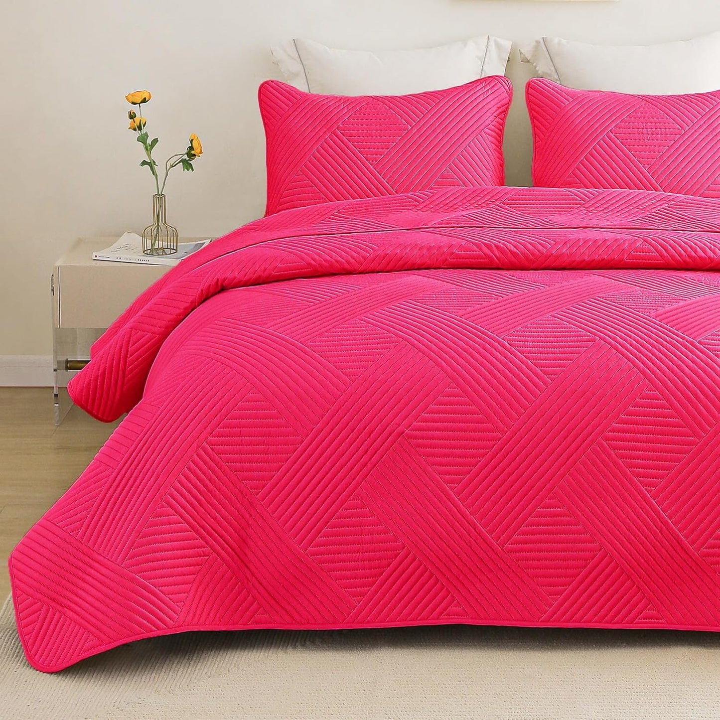 Whale Flotilla Quilt Set Twin Size, Soft Microfiber Lightweight Bedspread Coverlet Bed Cover (Striped Pattern) for All Seasons, Hot Pink, 2 Pieces (Includes 1 Quilt, 1 Sham)