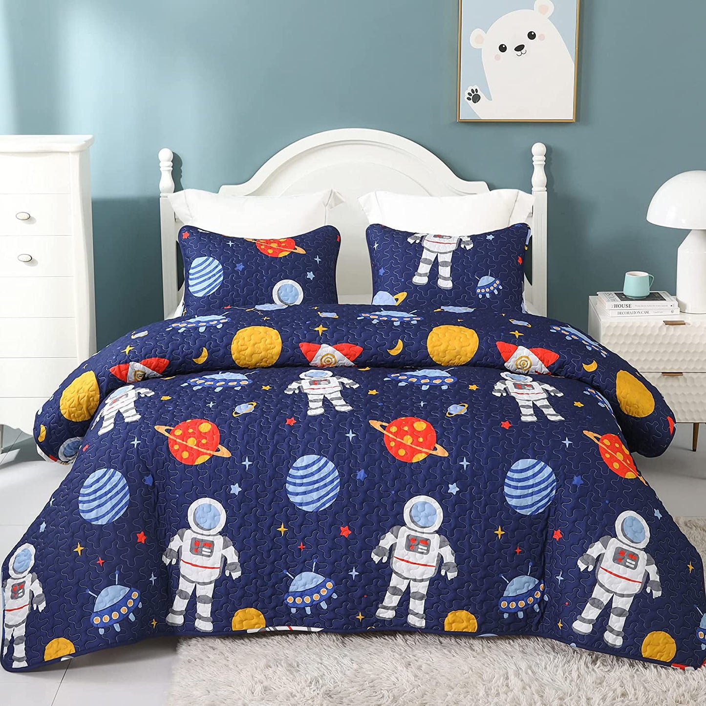 Whale Flotilla Cartoon Kids Quilt Set Twin Size, Soft Kids Bedding Set with Cute Astronaut Patterns, Microfiber Lightweight Bedspread Coverlet for Boys and Girls