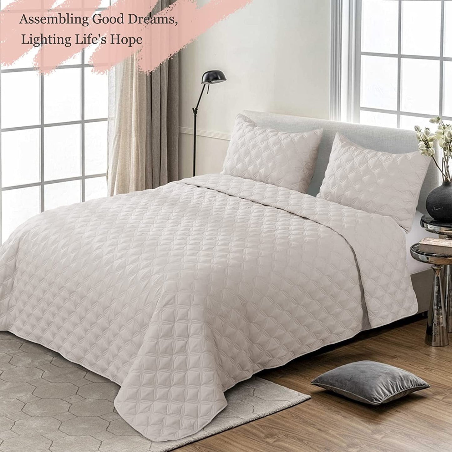 Exclusivo Mezcla Bed Quilt Set King Size for All Season, Stitched Pattern Quilted Bedspread/ Bedding Set/ Coverlet with 2 Pillow shams, Lightweight and Soft, Bone
