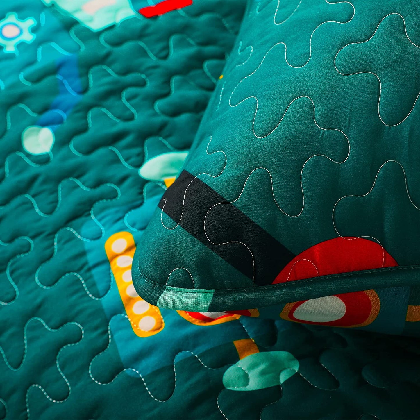 Whale Flotilla Cartoon Kids Quilt Set Twin Size, Soft Kids Bedding Set with Cute Robot Patterns, Microfiber Lightweight Bedspread Coverlet for Boys and Girls