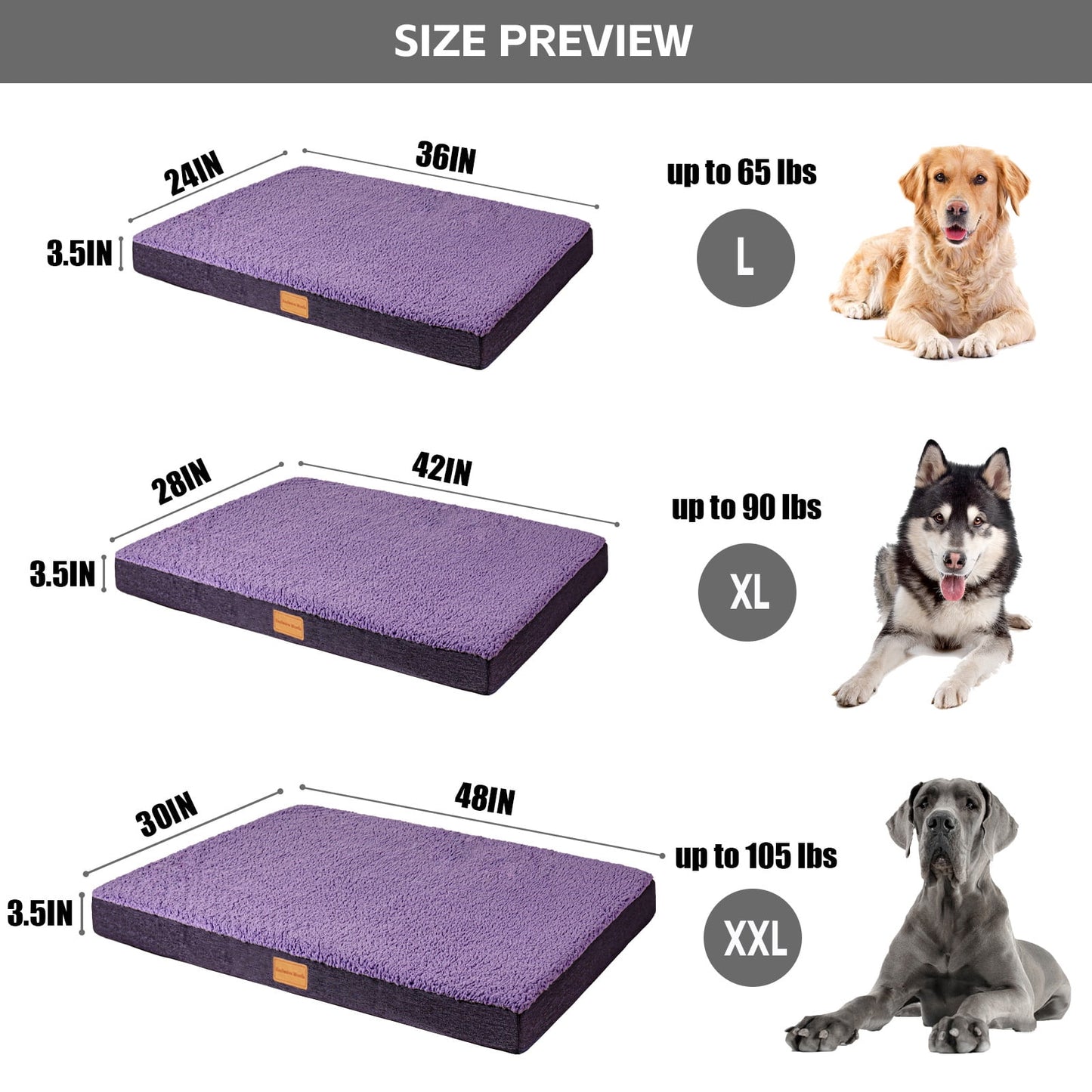 Exclusivo Mezcla Orthopedic XL Dog Bed for Large Dogs 42''X28'', Egg Crate Foam Big Large Dog Beds with Removable Washable Cover,Waterproof Pet Bed Mat, Purple