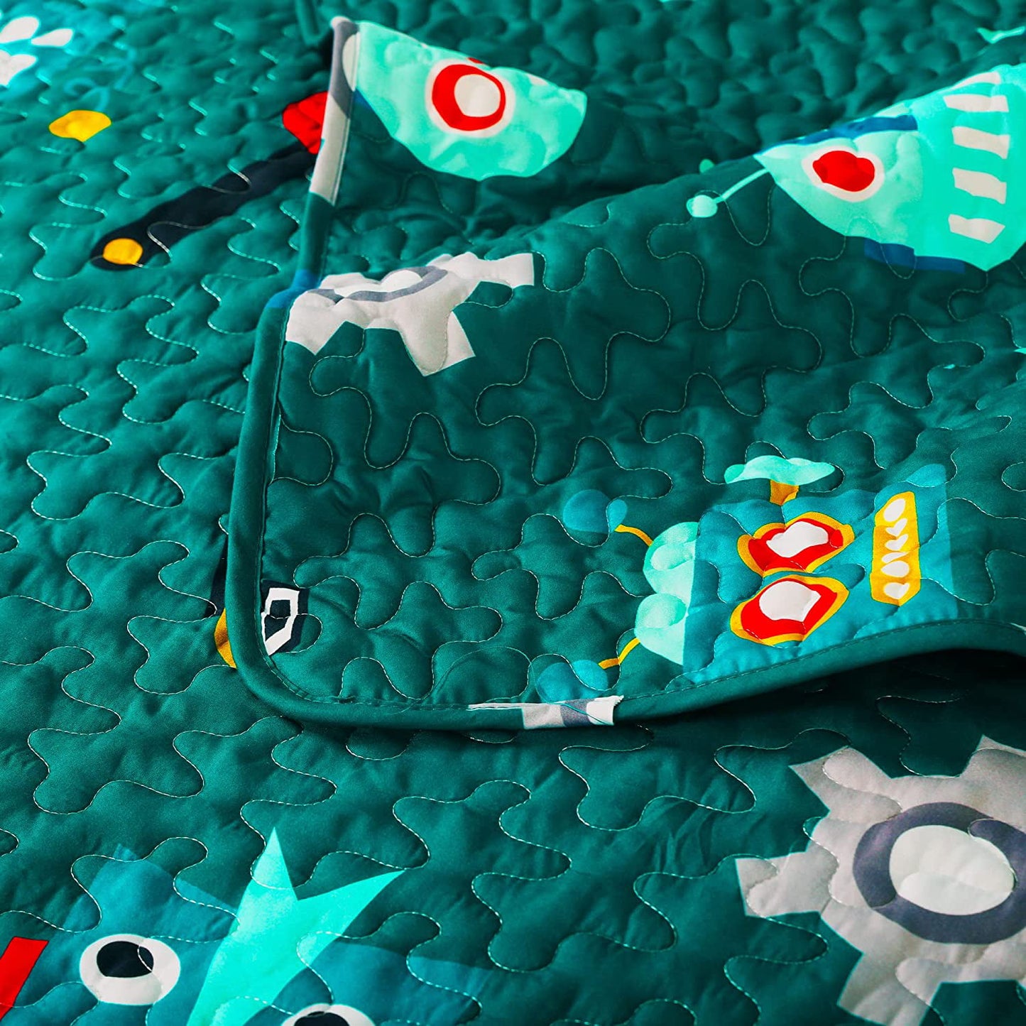 Whale Flotilla Cartoon Kids Quilt Set Twin Size, Soft Kids Bedding Set with Cute Robot Patterns, Microfiber Lightweight Bedspread Coverlet for Boys and Girls
