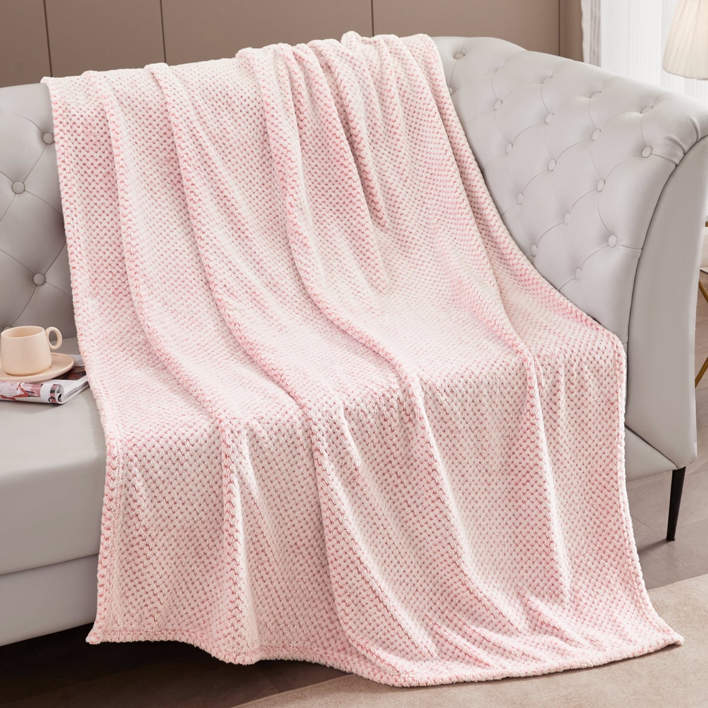 Exclusivo Mezcla Waffle Textured Mixed Pink Fleece Blanket, Super Soft and Warm 50x70 inches Throw Blanket for Couch, Cozy, Fuzzy and Lightweight